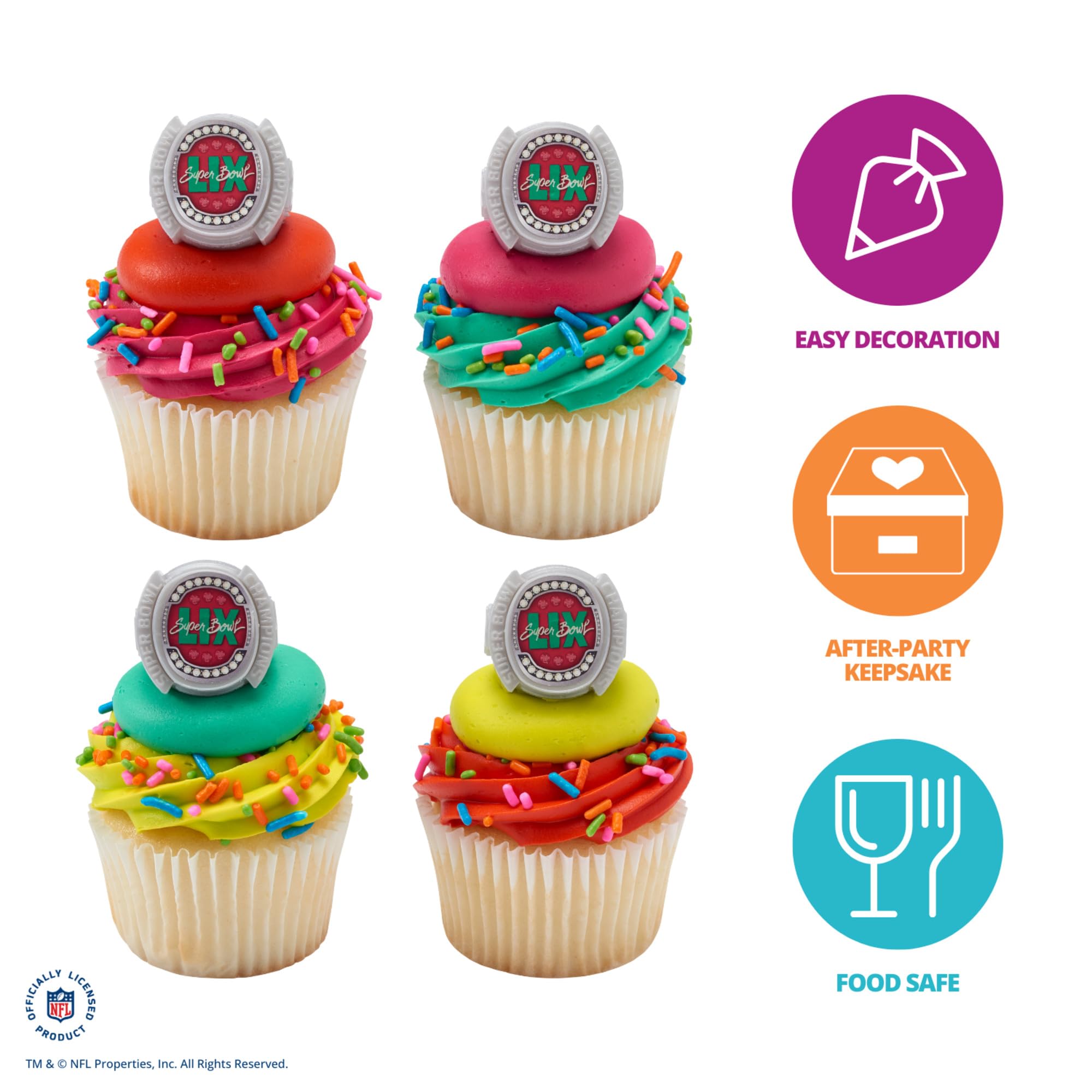 Officially Licensed NFL Super Bowl LIX Rings by DecoPac, Cupcake Decorations, Football Rings, Food Safe Cake Toppers – 24 Pack
