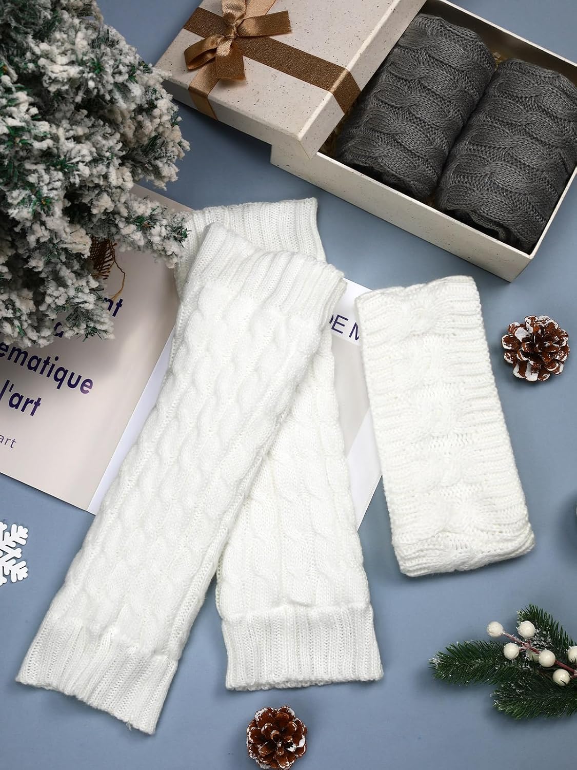 2 Pack Winter Fleece Lined Leg Warmers and Twisted Headband Set, Knit Long Leg Warm Boot Sock for Women Skating