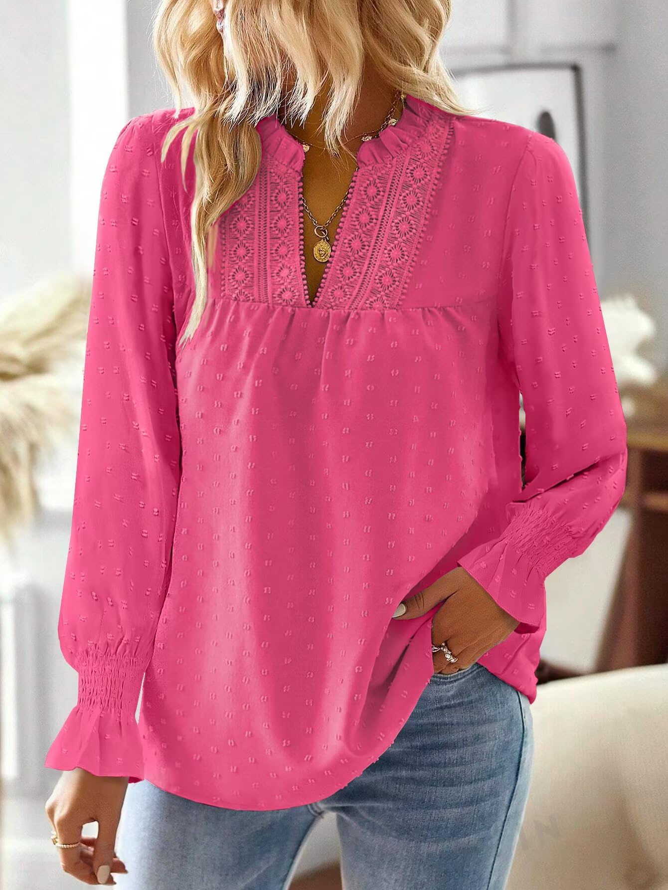 Camiseta Manga Larga Mujer Boho Top con Cuello en V Bordado Encaje