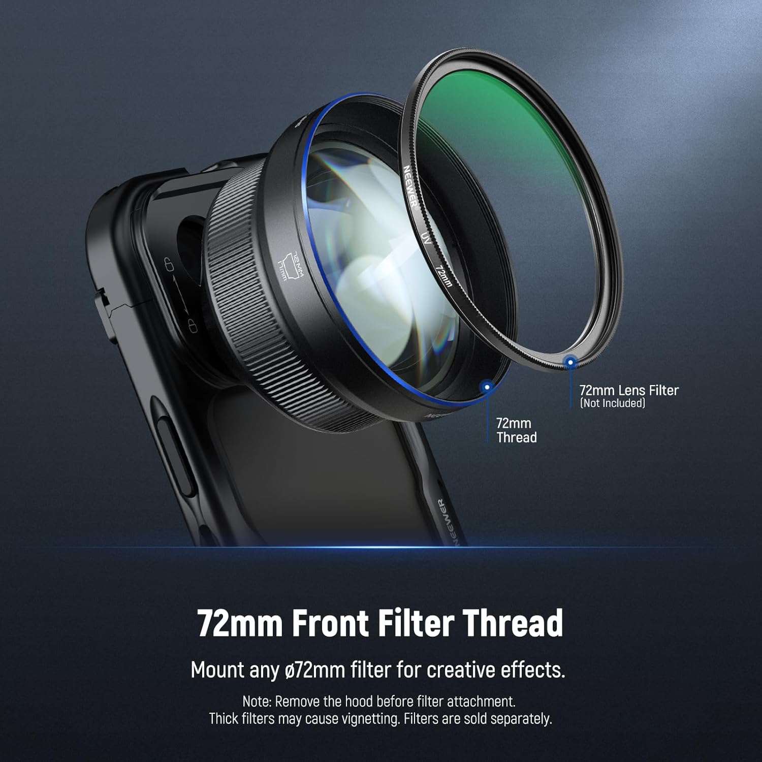 A NEEWER 85mm telephoto lens attached to a smartphone, with a 72mm lens filter being placed onto its front thread.