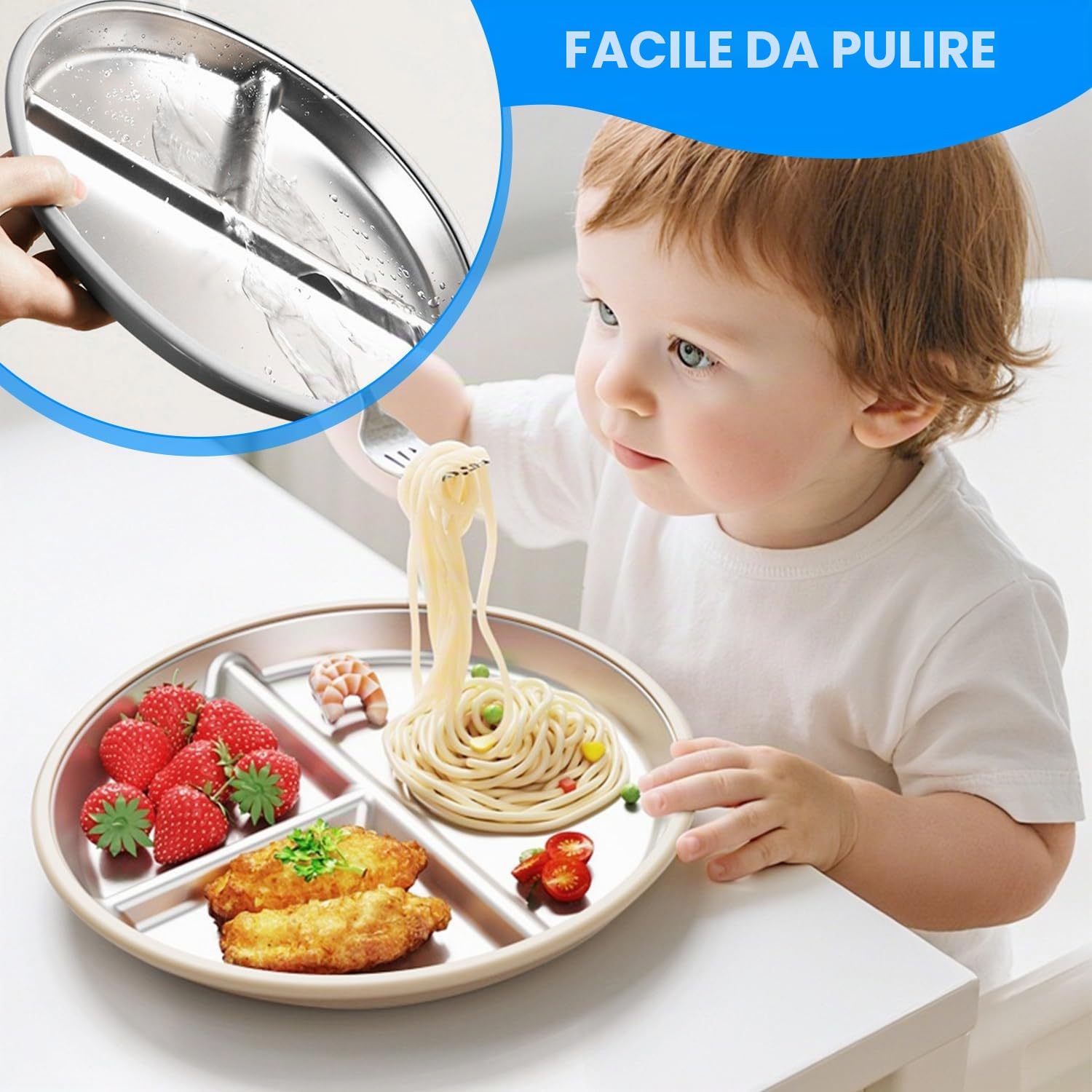 2 piatti a ventosa per bambini, in acciaio inox, con 2 cucchiai e forchette, piatti divisi per bambini, utensili per bambini, set di alimentazione antiscivolo, senza BPA (grigio + beige)