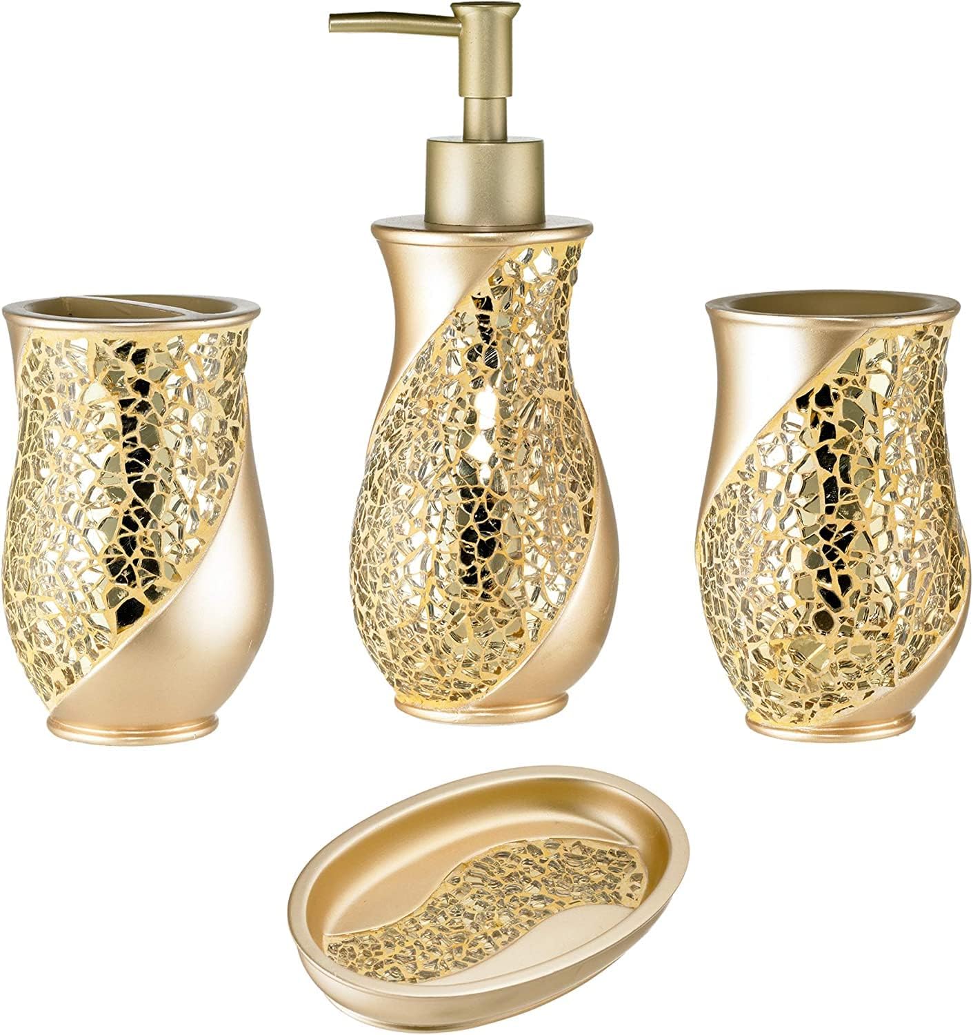 4pc Sinatra Stylish Bathroom Accessories Set Champagne Gold Soap Dispenser Pump, Tumbler, Tooth Brush Holder and Soap Dish Modern Decor Bling Mosaic Glass Gold Bathroom Accessories