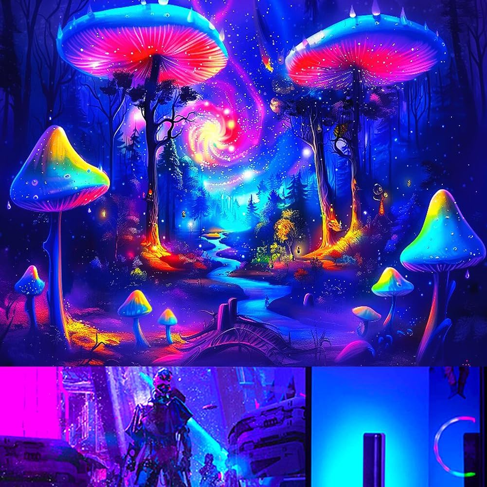 BJYHIYH Extra Large Blacklight Tapestry, Fantasy Forest Tapestry, Black light Mushroom Tapestries for Bedroom Living Room Decor(90"×70")