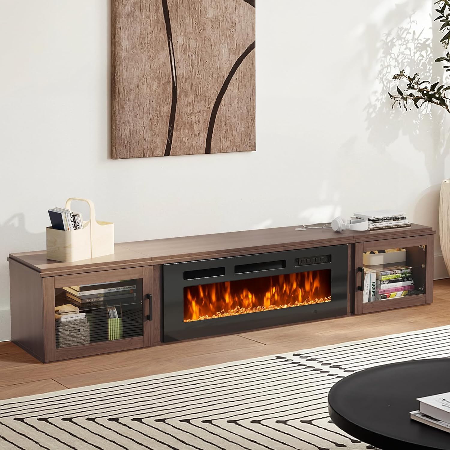 Floating TV Stand, High Gloss Finish Wall Mounted Fireplace Entertainment Center with Storage for TVs Up to 80", 70IN Black TV Console and 36IN Brown Fireplace - Image 3