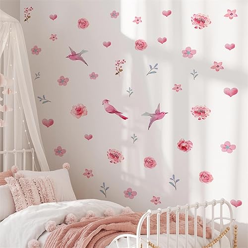 Miniatura 2 de 60 calcomanías de pared de peonía de colibrí rosa, flores de rosas de sacinora DIY, calcomanías de pared de arte floral removibles para sala de