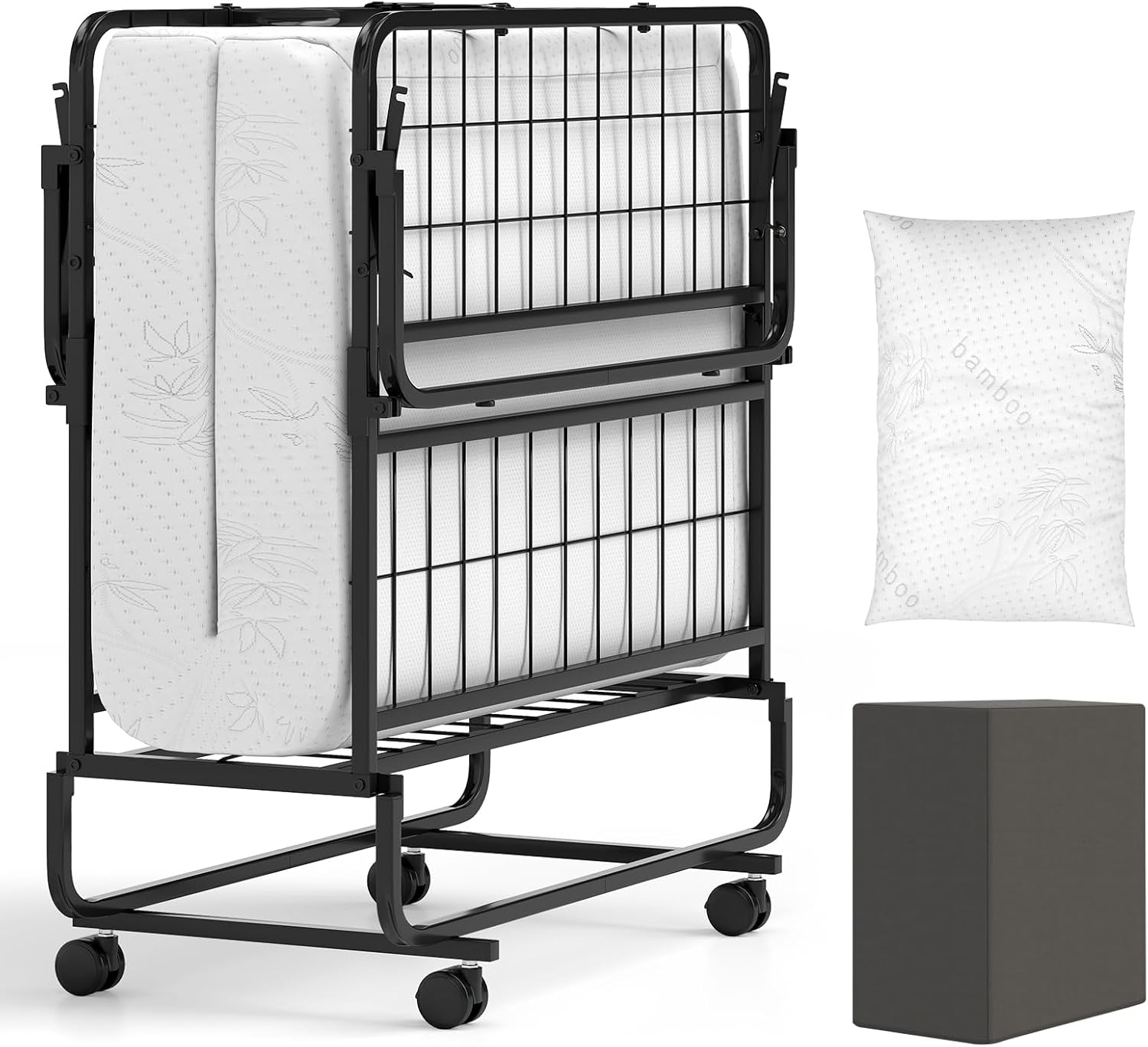 Giantex Twin Folding Bed with 5 Inch Mattress, Rollaway Guest Bed with Top Pillow, Storage Pocket & Metal Frame, Space-Saving Fold up Beds, Portable Roll Away Beds for Adults, 75" x 39"