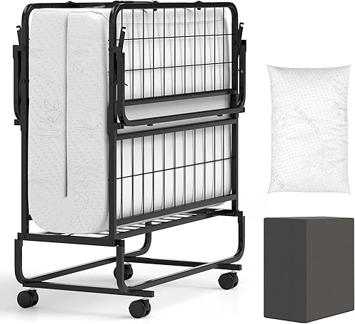 Miniatura 10 de Giantex Cama plegable con colchón y almohada superior, camas de invitados portátiles de tamaño individual con marco de metal, bolsillo de