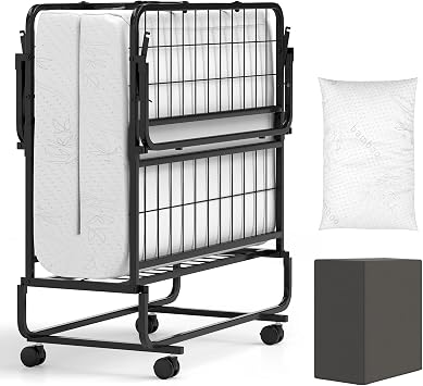 Giantex Twin Folding Bed with 5 Inch Mattress, Rollaway Guest Bed with Top Pillow, Storage Pocket & Metal Frame, Space-Saving Fold up Beds, Portable Roll Away Beds for Adults, 75" x 39"