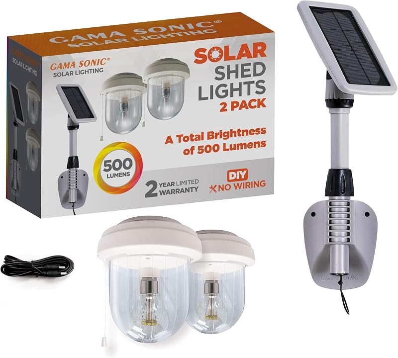 Gama Sonic Light My Shed IV Solar Shed Light, Interior, 2 Solar Powered Lights, Wall or Ceiling Mount, White (GS-16B2)