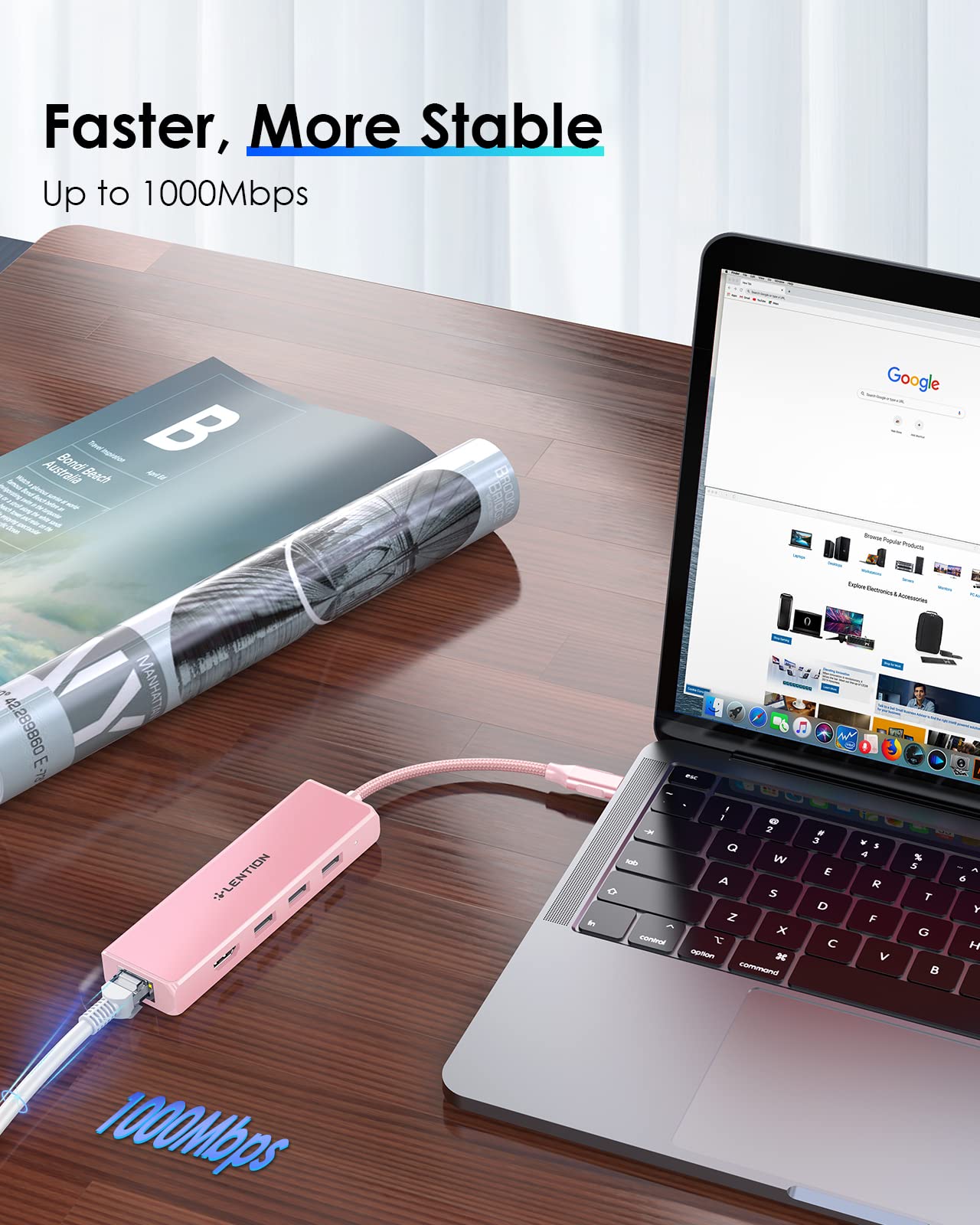 LENTION Hub USB C a HDMI 4K, Ethernet 1000M, 3 Dongle USB 3.0, Adattatore per 2023-2016 MacBook Pro M2 M1, Nuovo Mac Air, iPhone 15 Plus Pro Max, Surface Pro 9, Chromebook (C25, Oro Rosa)
