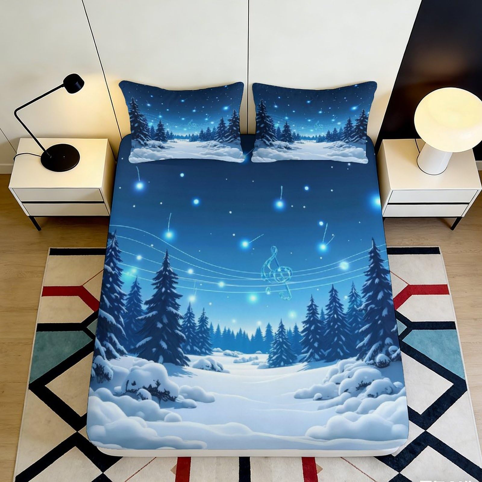 3D Printed Snowy Forest Fitted Sheet Microfiber Deep Pocket Non-Slip Winter Bedding Snow Landscape Mattress Fitted Cover 140x200x25cm
