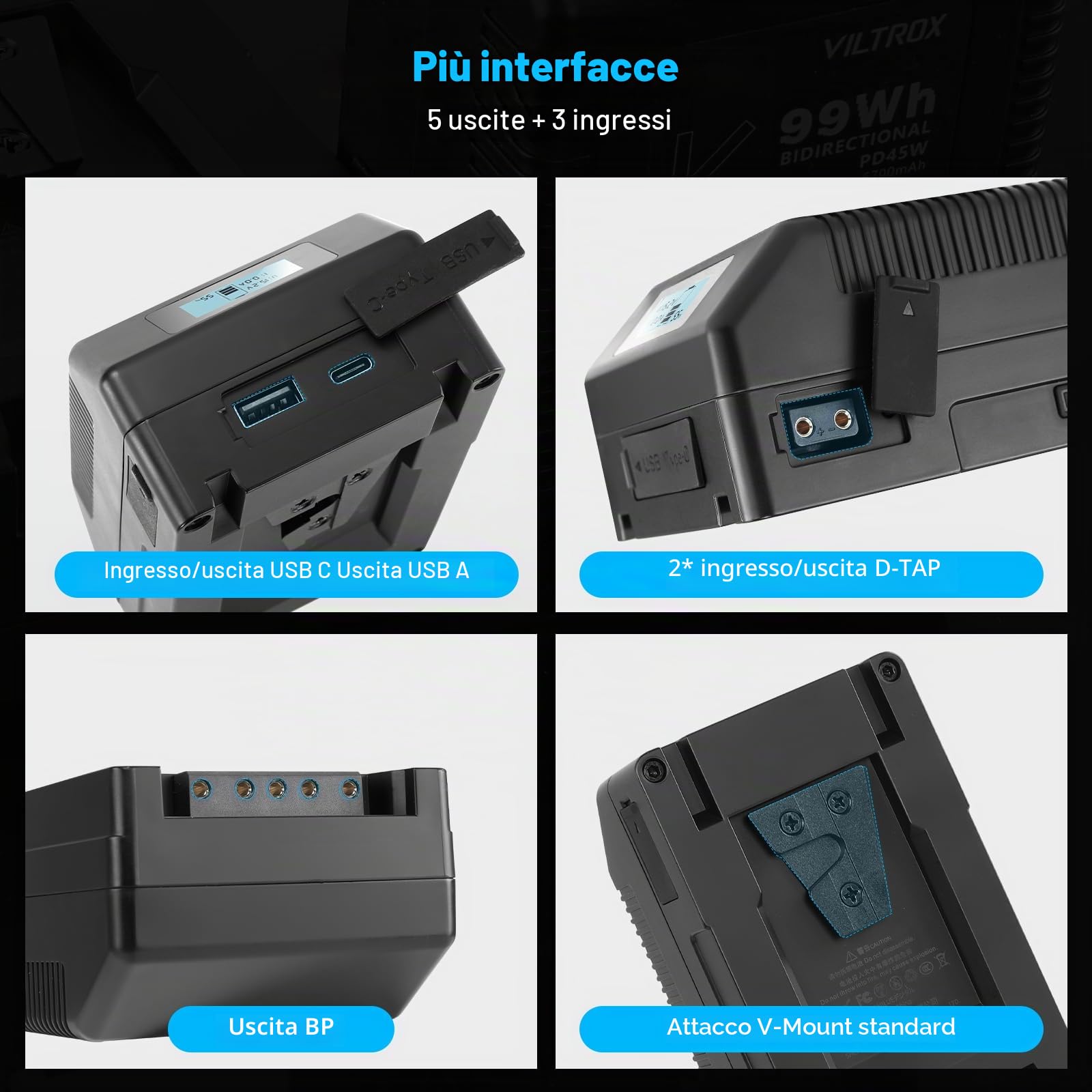 VILTROX BP-V99 V Lock Battery 6700mAh,V Mount Battery con Display LCD,Doppio D-Tap e Uscita USB 99Wh/14,8V,Nero Mini V-Mount per Fotocamere,Videocamere,luci LED,Monitor,MacBook e Smartphone