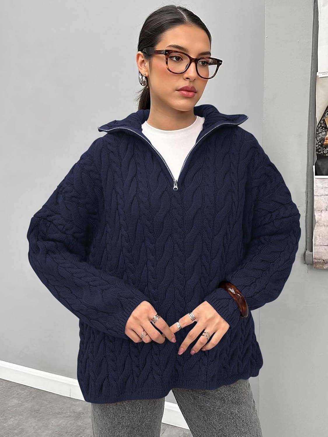 PRETTYGARDEN Womens Spring Sweaters 2026 Long Sleeve Quarter Zip Pullover Sweater Casual Loose V Neck Cable Knit Jumper Tops - Image 4