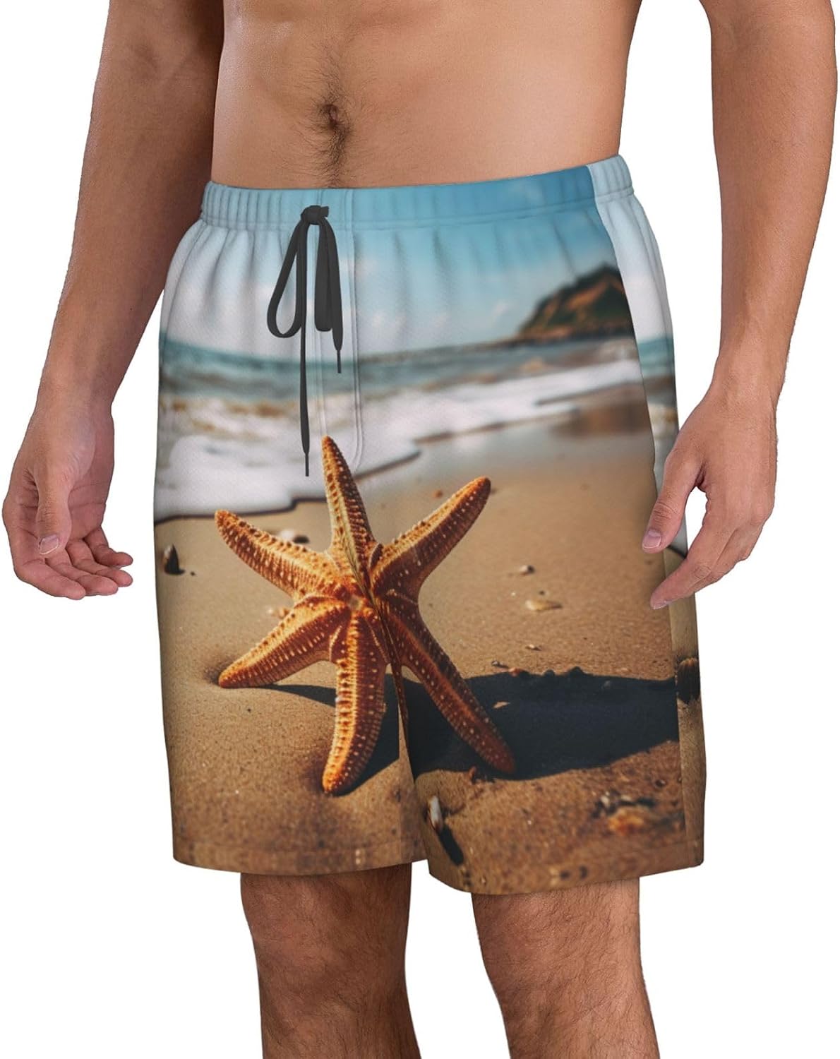 Starfish in The Sand Print Mens Casual Shorts Drawstring Summer Beach Stretch Shorts Novelty Swimtrunks