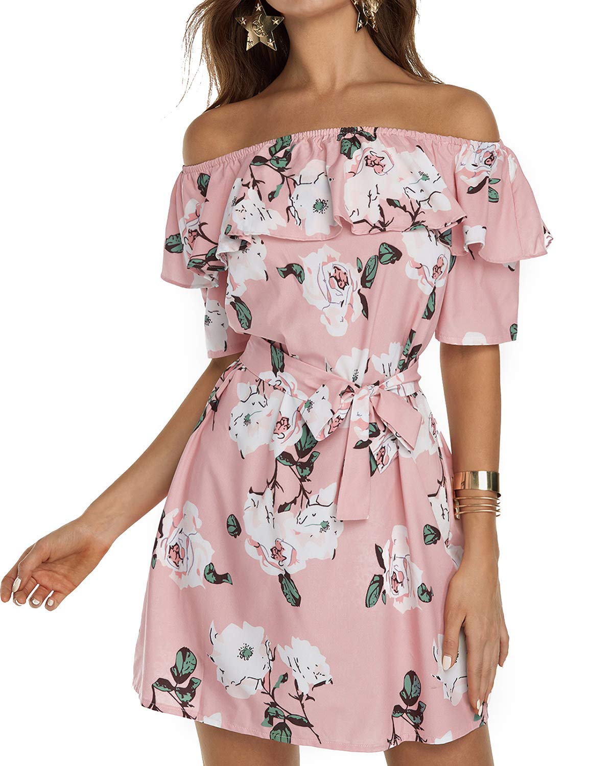 YOINS Sommerkleid Damen Kurz Schulterfrei Lange Ärmel Sexy Blumenmuster Strandkleid