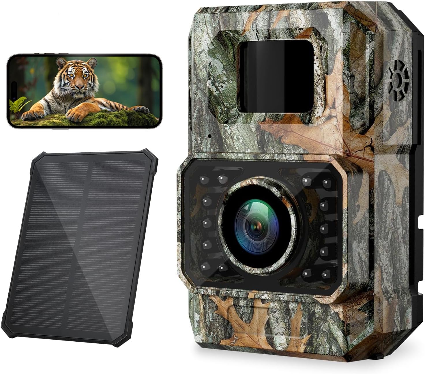 Caméra de Chasse WiFi, 60MP 30FPS, Vision Nocturne Infrarouge 850nm, Connectée au Téléphone, avec Panneau Solaire