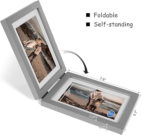 Miniatura 2 de P-HUI-2H57 - Marco de fotos plegable de madera con bisagras horizontales dobles de 5 x 7 pulgadas con frente de cristal real en color gris para