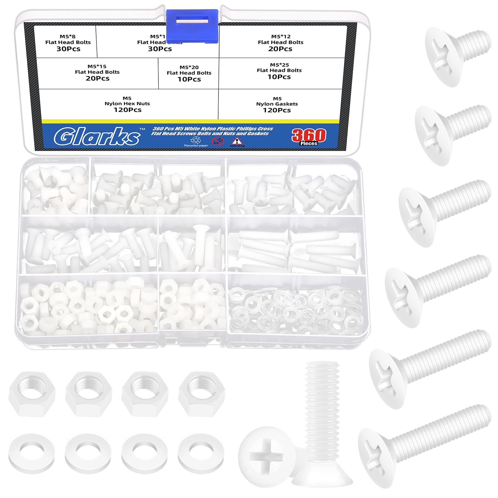 Glarks 360pcs M5 x 8/10/12/15/20/25MM Nylon Phillips Countersunk Head Bolt Machine Screw