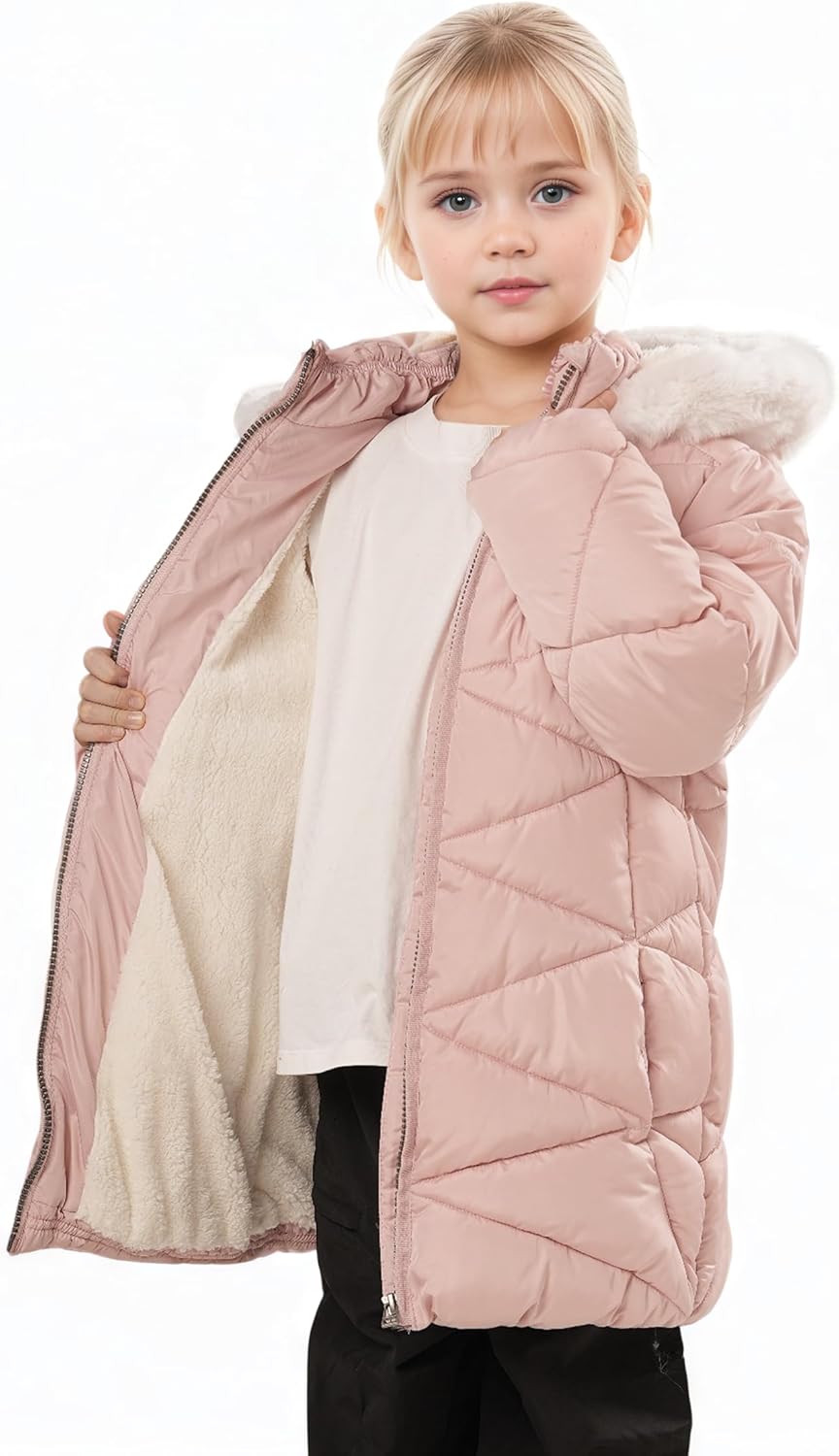 SOLOCOTE Girls Winter Puffer Coat with Faux Fur Hood Sherpa Lined Parka Water-Resistant Windproof Quilted Jacket - Image 2
