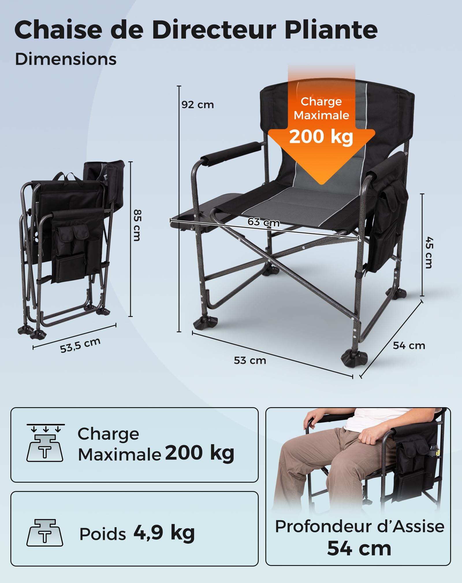 KingCamp Chaise de Directeur Pliante Camping, Jusqu'à 200 kg