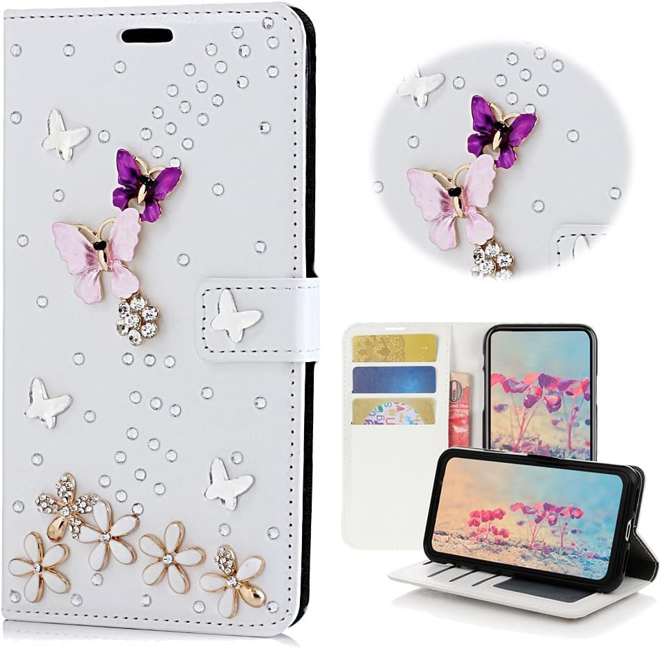 STENES Bling Case Compatible with BlackBerry KEY2 LE Case - 3D Handmade Crystal S-Link Butterfly Floral Wallet Credit Card Slots Fold Stand Leather Cover - White