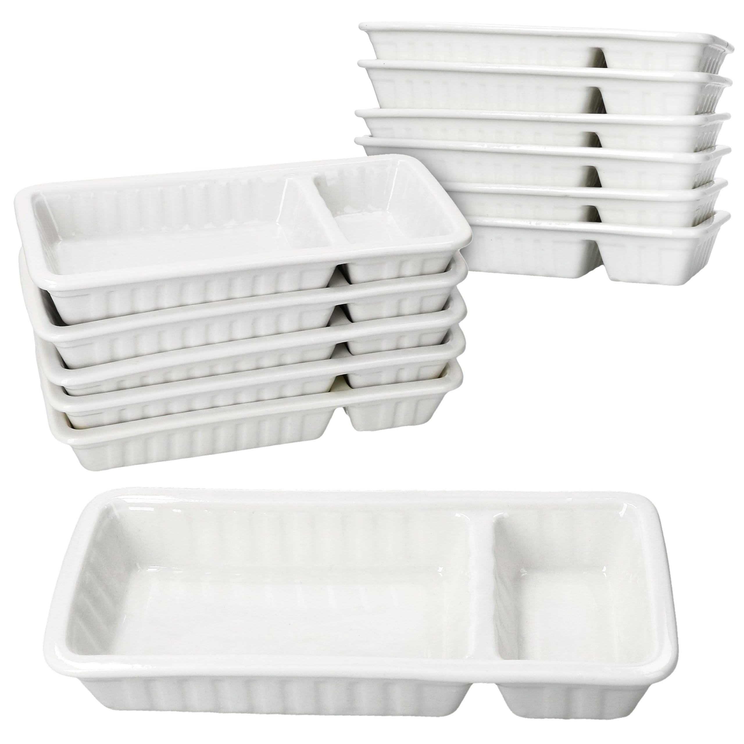MamboCat 12er Set Frikandelschalen weiß aus Porzellan I (LxBxH) 20x9,5x3,3cm I Servierschalen mit 2 Bereichen für Soße & Beilagen I für Frikandel, Buletten, Nuggets, Nachos & Snacks