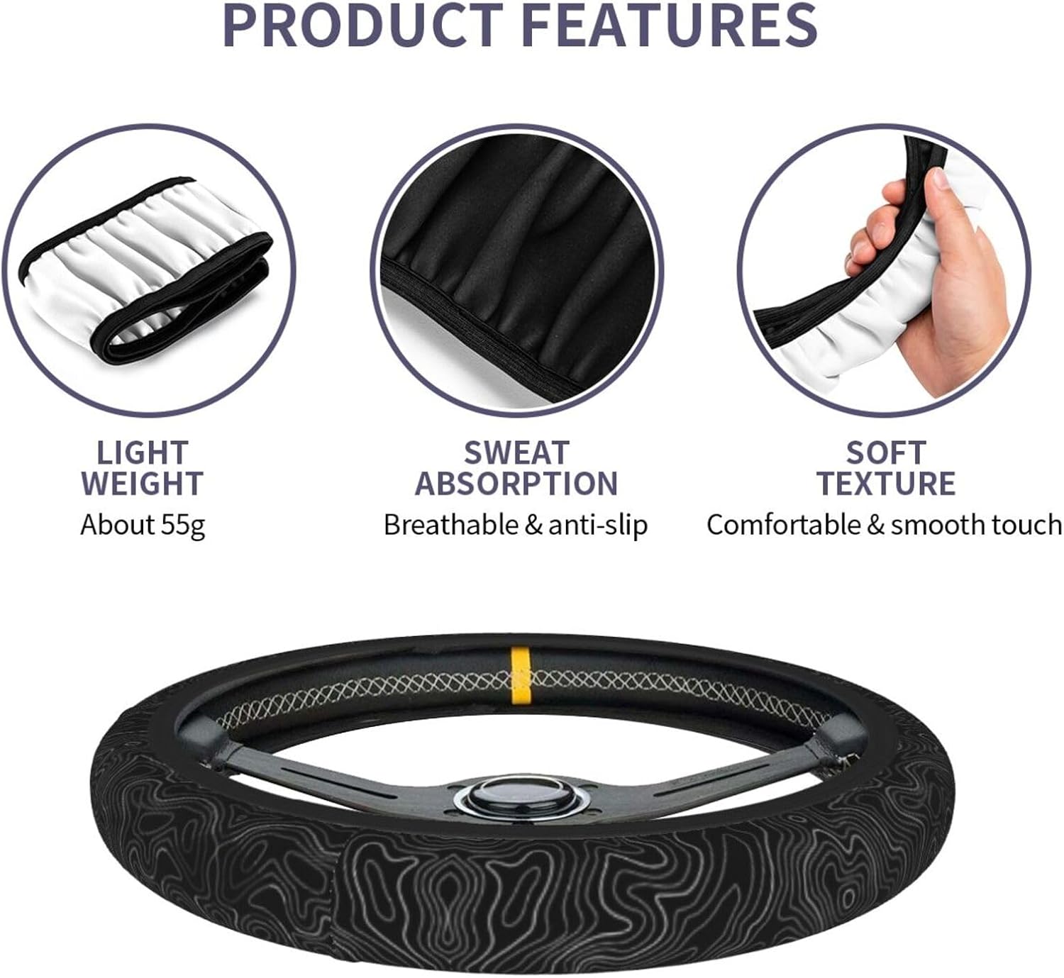 Topographic Line Contour Map Steering Wheel Cover Car Accessories Cute for Women Girls Girly Universal 15 Inch Neoprene Auto Interior Decor Anti Slip Car Truck Protector