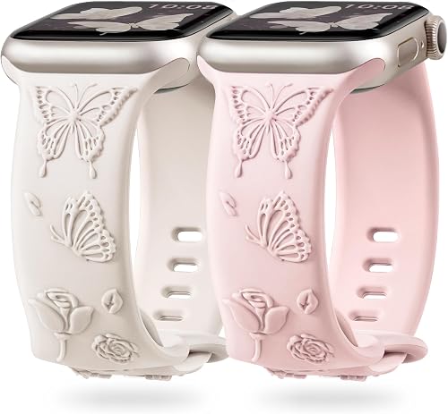 Melyis 2 Pack Floral Butterfly Engraved Band Fits Apple Watch Bands for Women 42mm 41mm 40mm 38mm, Cute Silicone iWatch Bands, Soft Sport Band for Apple Watch Series 10 9 8 7 6 5 4 3 SE-Pink Starlight