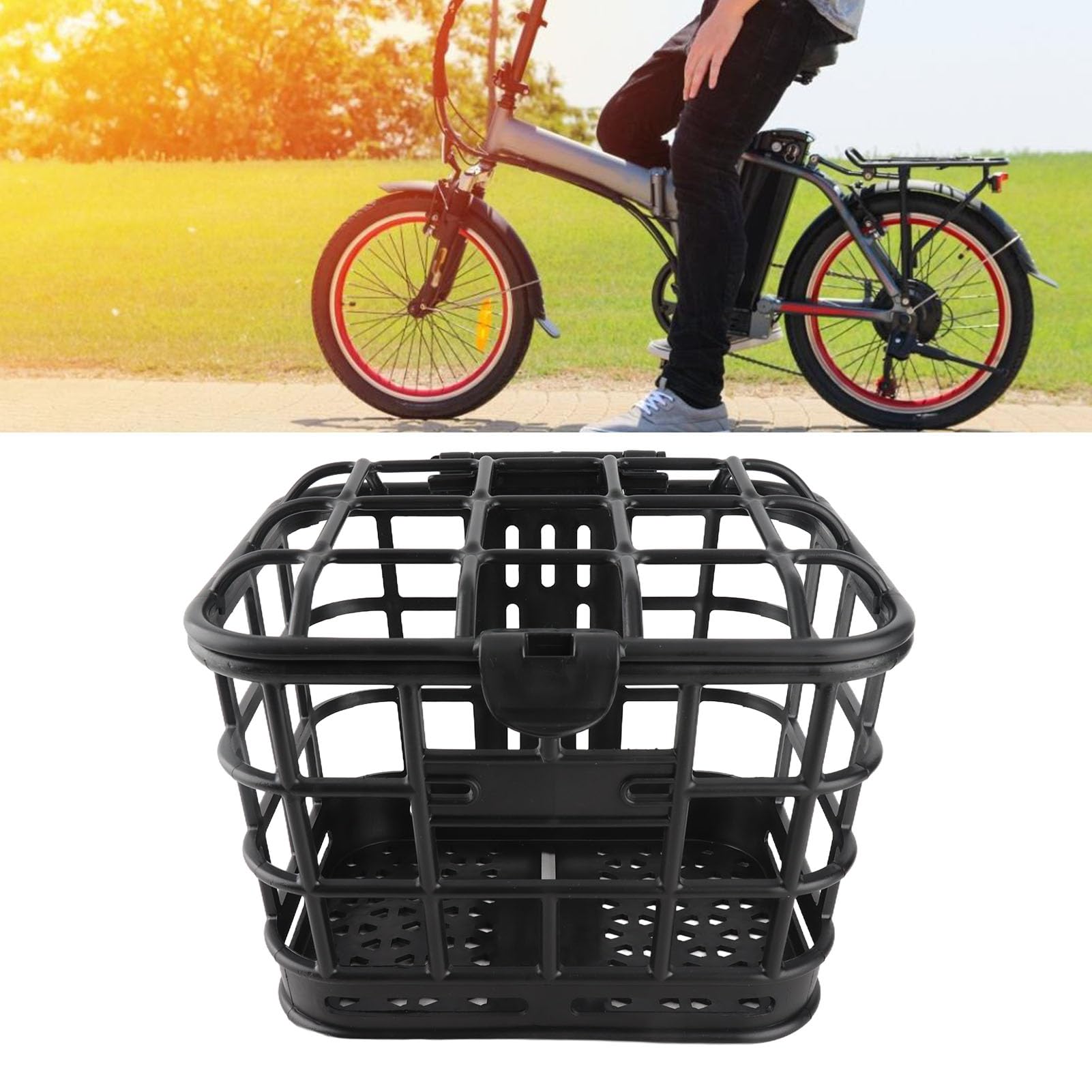 Keenso Cestino Anteriore per Bici, Cestino in Plastica Rimovibile per PC con Coperchio, Grande Capacità 28 X 22 X 23 Cm, Portaoggetti Frontale di Facile Installazione per Pendolari di Bici