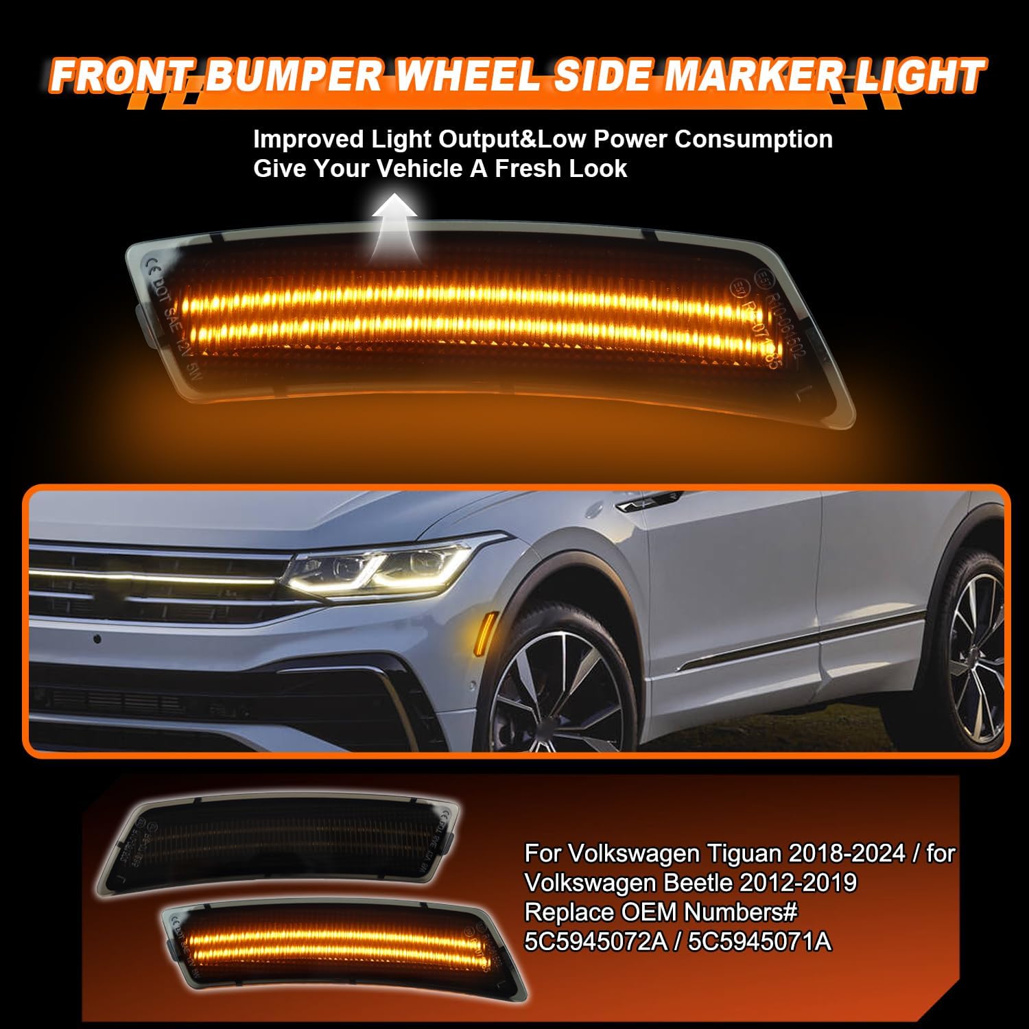 2PCS LED Front Bumper Side Marker Lights (L&R) for VW Volkswagen Tiguan 2018-2024 / for Volkswagen Beetle 2012-2019 - Smoked Lens, Plug & Play, Refer OE# 5C5945072A/5C5945071A (Amber light)