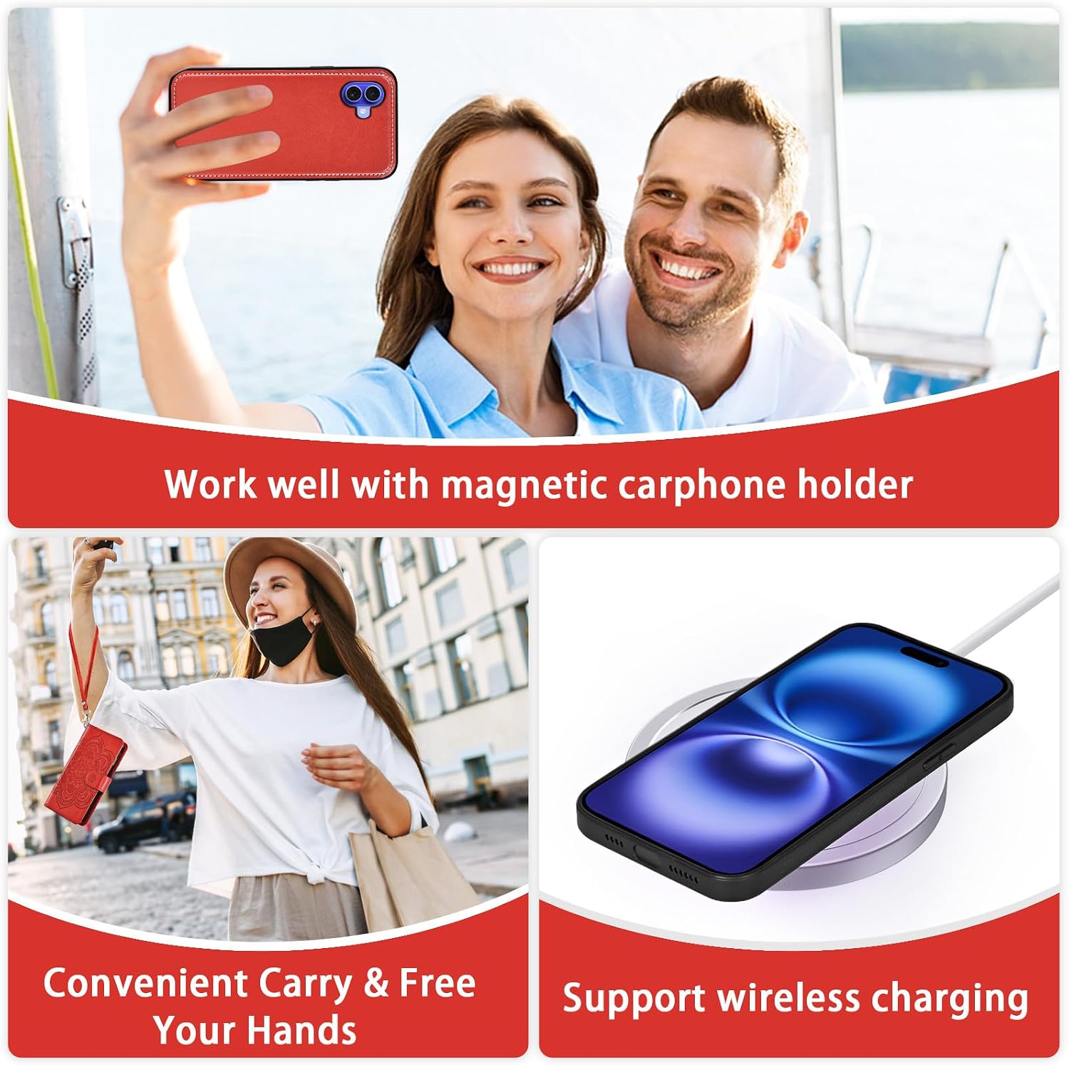 Asuwish Phone Case for iPhone 16 6.1 inch Zipper Wallet Magnetic Detachable Cell Cover with Tempered Glass Screen Protector Crossbody Lanyard Strap Flower Card Holder i Phone16 i16 16Case Women Red