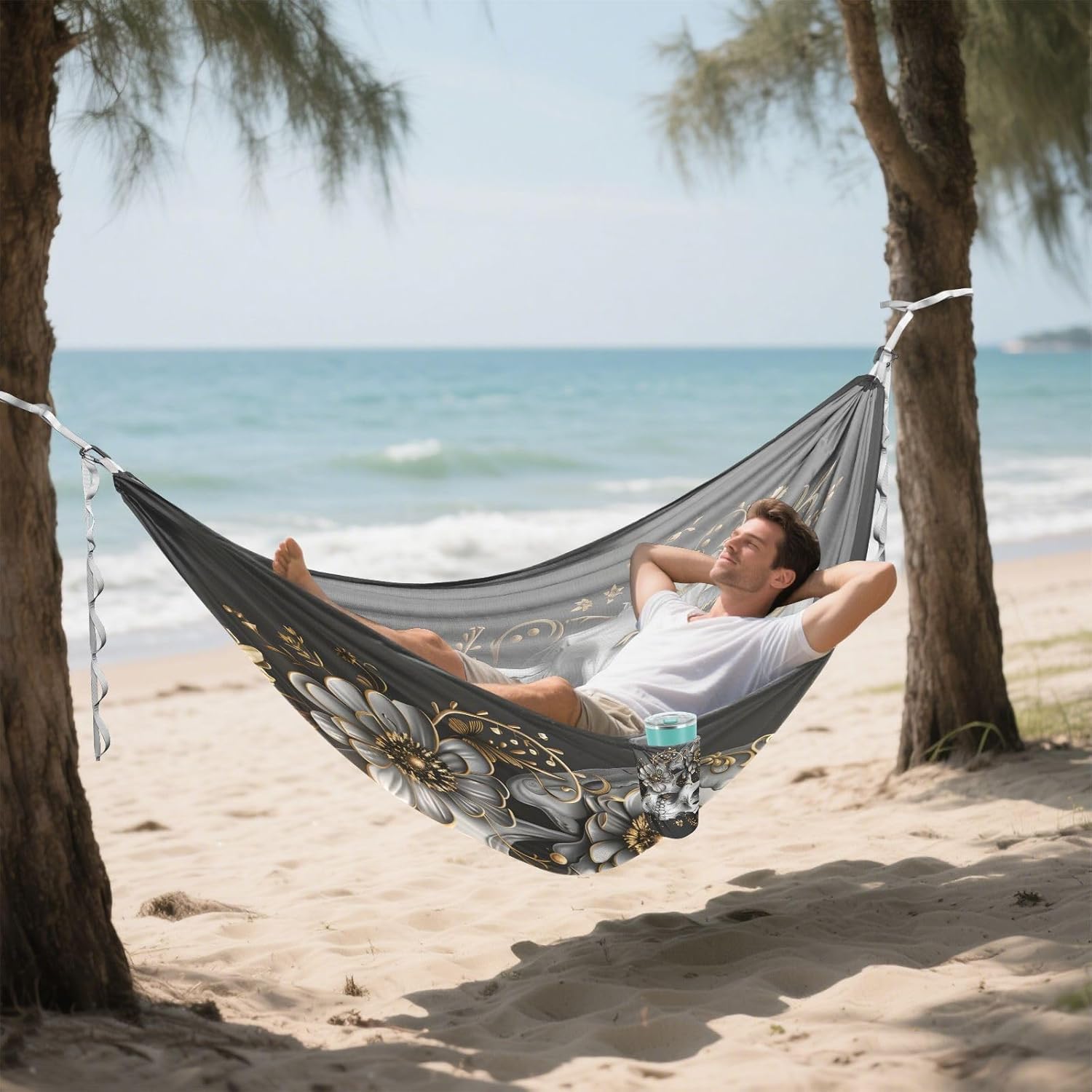 ALAZA Golden Flowers Skull Camping Hammocks Single or 2 Person 500 lbs Portable Parachute Travel Hammock w/Tree Straps for Hiking Backpacking Indoor Outdoor