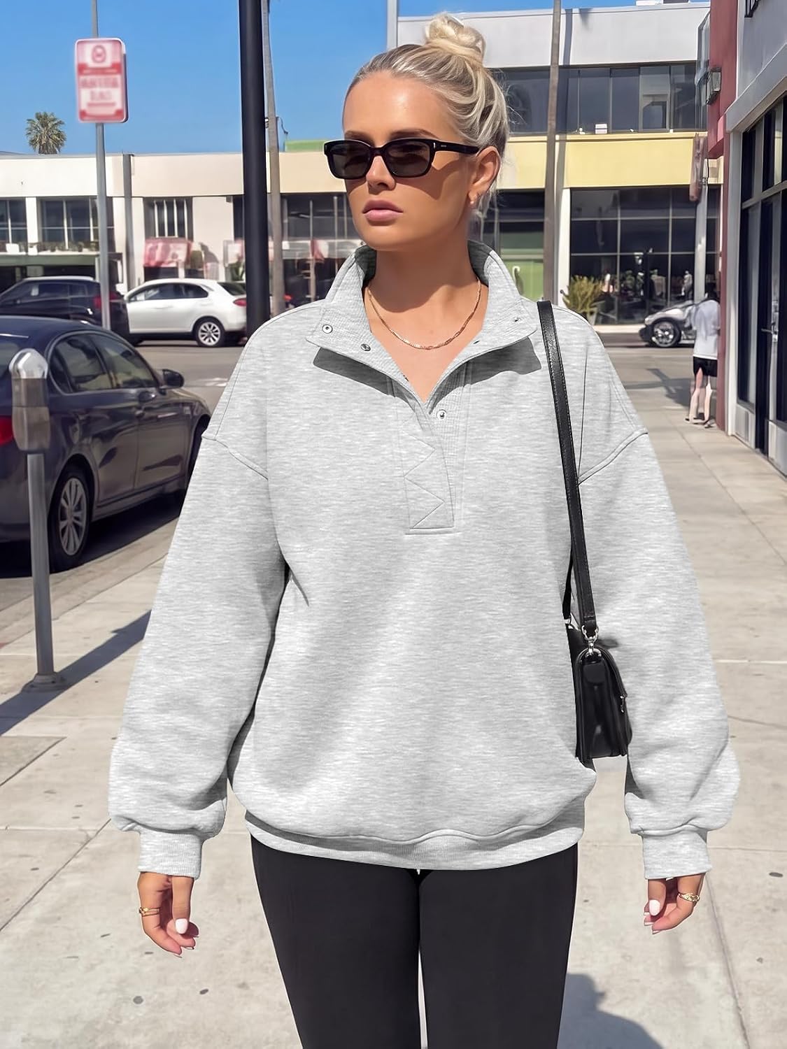 Trendy Queen Womens Oversized Sweatshirts with Snap Button Henley Collar | Soft Fleece Pullover Tops Fall Winter Clothes 2026 Cute Fashion Outfits