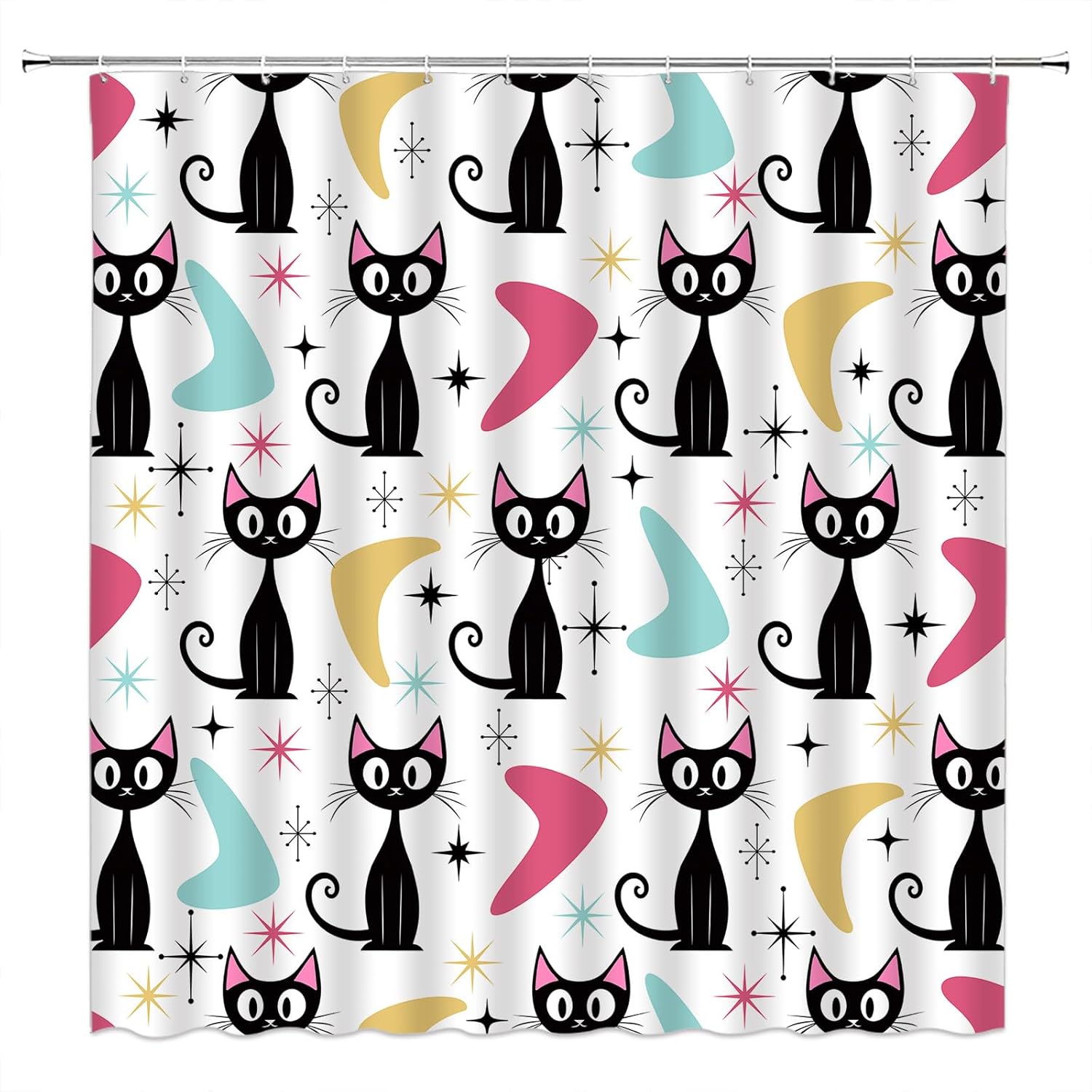 Mid Century Cat Shower Curtain Pink Yellow Teal Modern Geometric Atomic Black Cat Vintage 50S 60S Retro Fabric Bathroom Decor Curtain with Hooks,70X96(WXH) Inches
