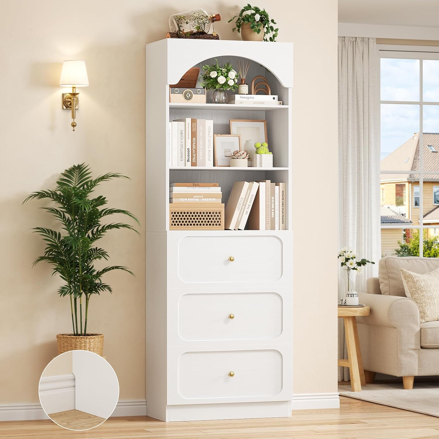Cyclysio 80" Tall Bookshelf with 3-Tier Open Shelves, Arched Bookcase with 3 Drawers, Wooden Pantry Storage Organizer Cabinets with Baseboard Cutout for Living Room, Bathroom, Kitchen