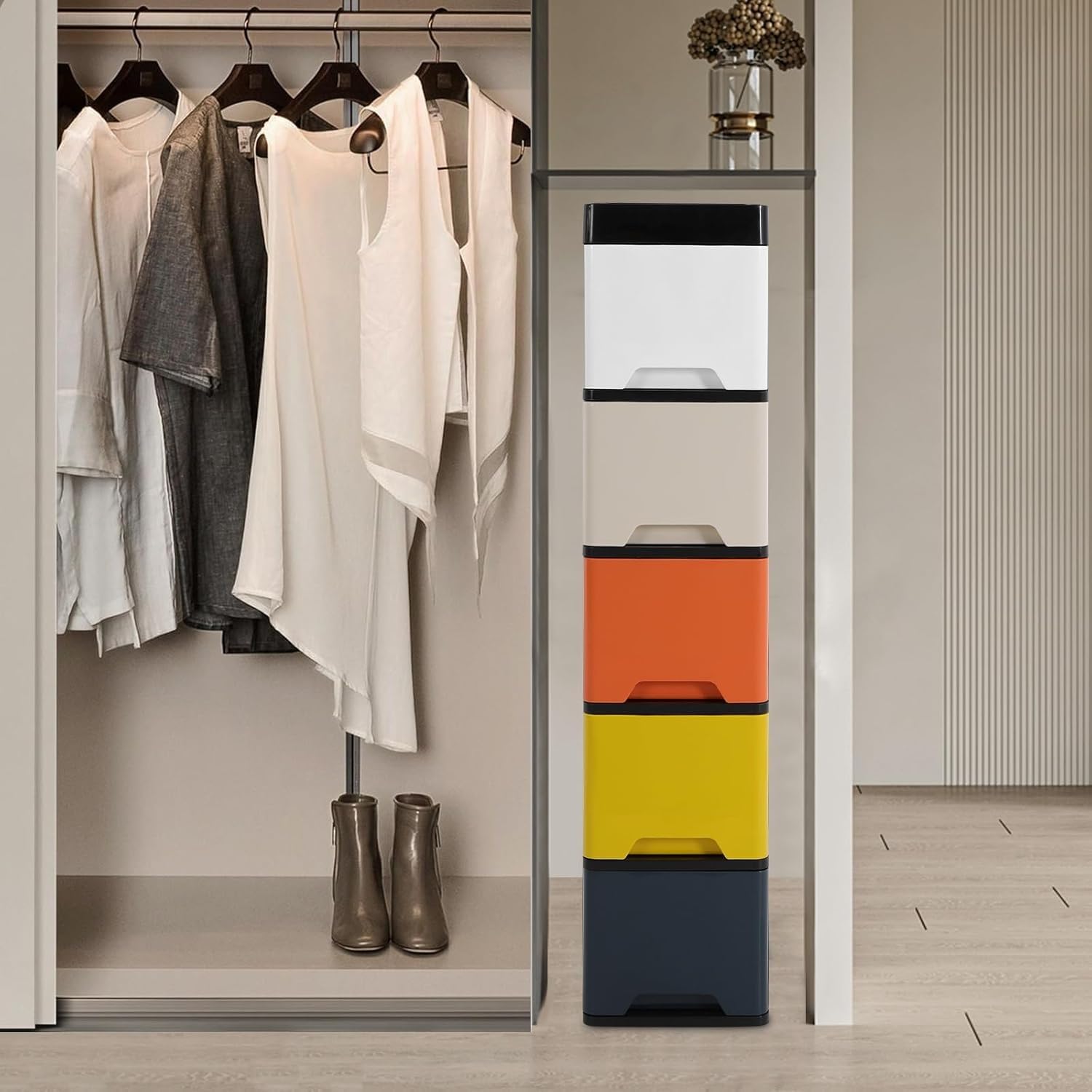 Cassettiera Salvaspazio con 5 Cassetti Mobiletto Stretto con Ruote Organizer in Plastica PP per Bagno Ufficio Casa Carrello Portaoggetti per Angoli Stretti(Black+Colorful Modern Colors)