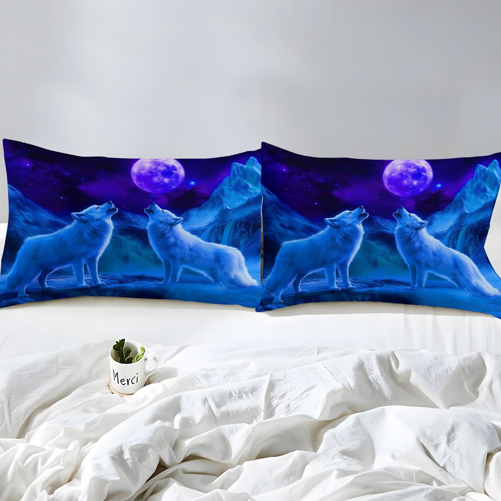 Lenzuola Matrimoniali Fantasia Animali Lupo, Blu Set Lenzuola con Angoli in Microfibra con Angolo Fino a 30 cm con 2 Federe, Set completo da letto per Bambini e Adulti, 150 x 200 cm