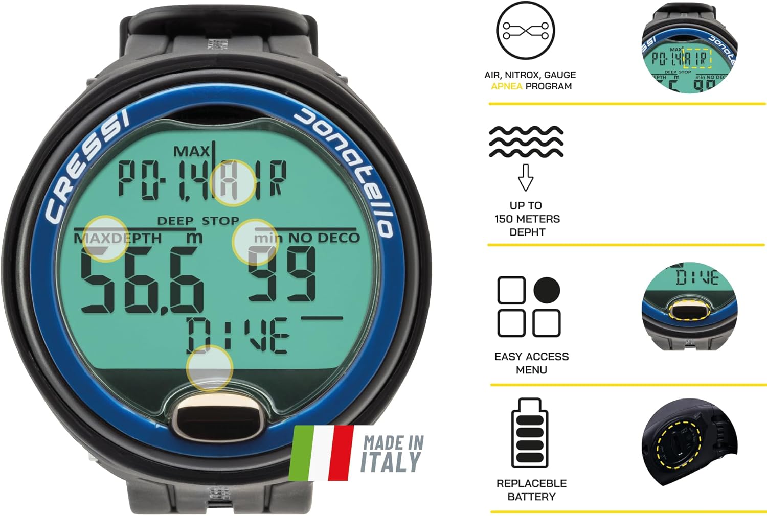 Cressi Donatello Dive Computer with feature callouts