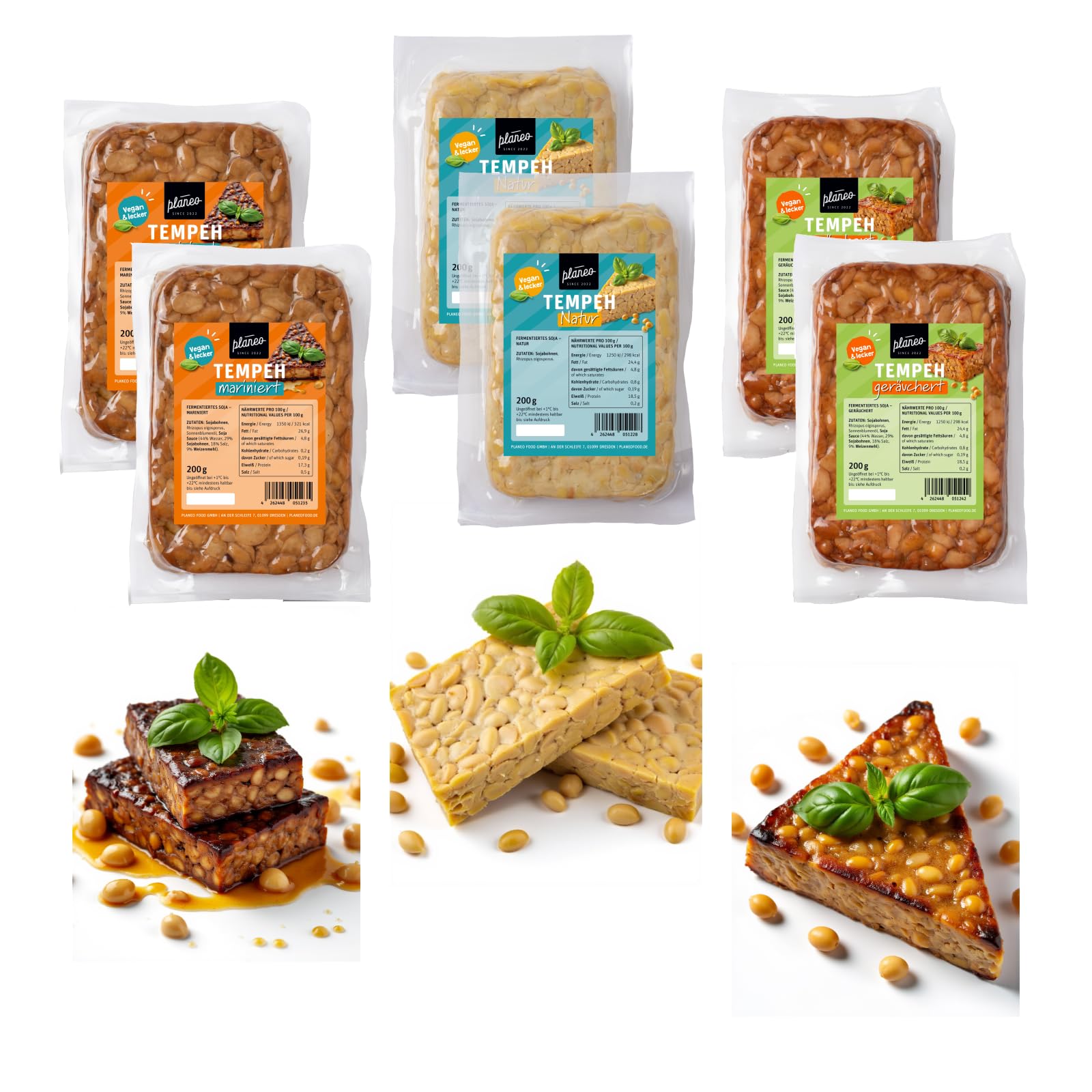 Planeo Tempeh MIX - 2x200g Natur, 2x200g Geräuchert, 2x200g Mariniert - Beste Qualität - Lange, ungekühlt haltbar - Soja aus der EU - Planeo (6 x 200g)