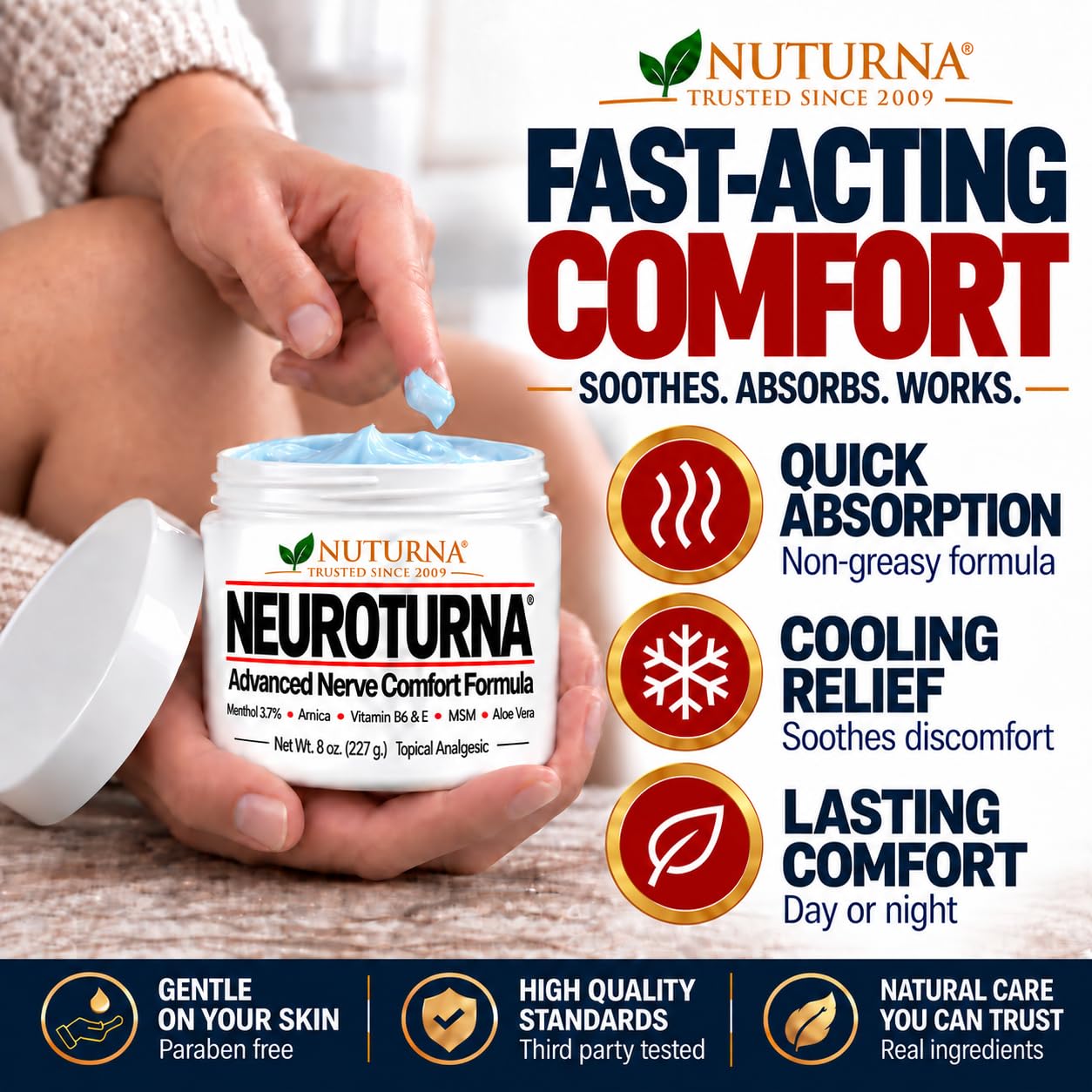 Neuropathy Nerve Cream - Fast-Acting Maximum Strength 3.7% Menthol for Feet, Hands, Legs & Toes - Cooling Nerve Comfort - Non-Greasy with Arnica, MSM & Aloe Vera - Made in USA - XL 8 oz Value Size — Amazon image 3
