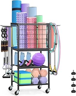 CADUKE Dumbbell Rack & Stand, Yoga Mat Storage with Hooks and Wheels, Home Gym Weight Rack for Dumbbells, Kettlebells, Yog…