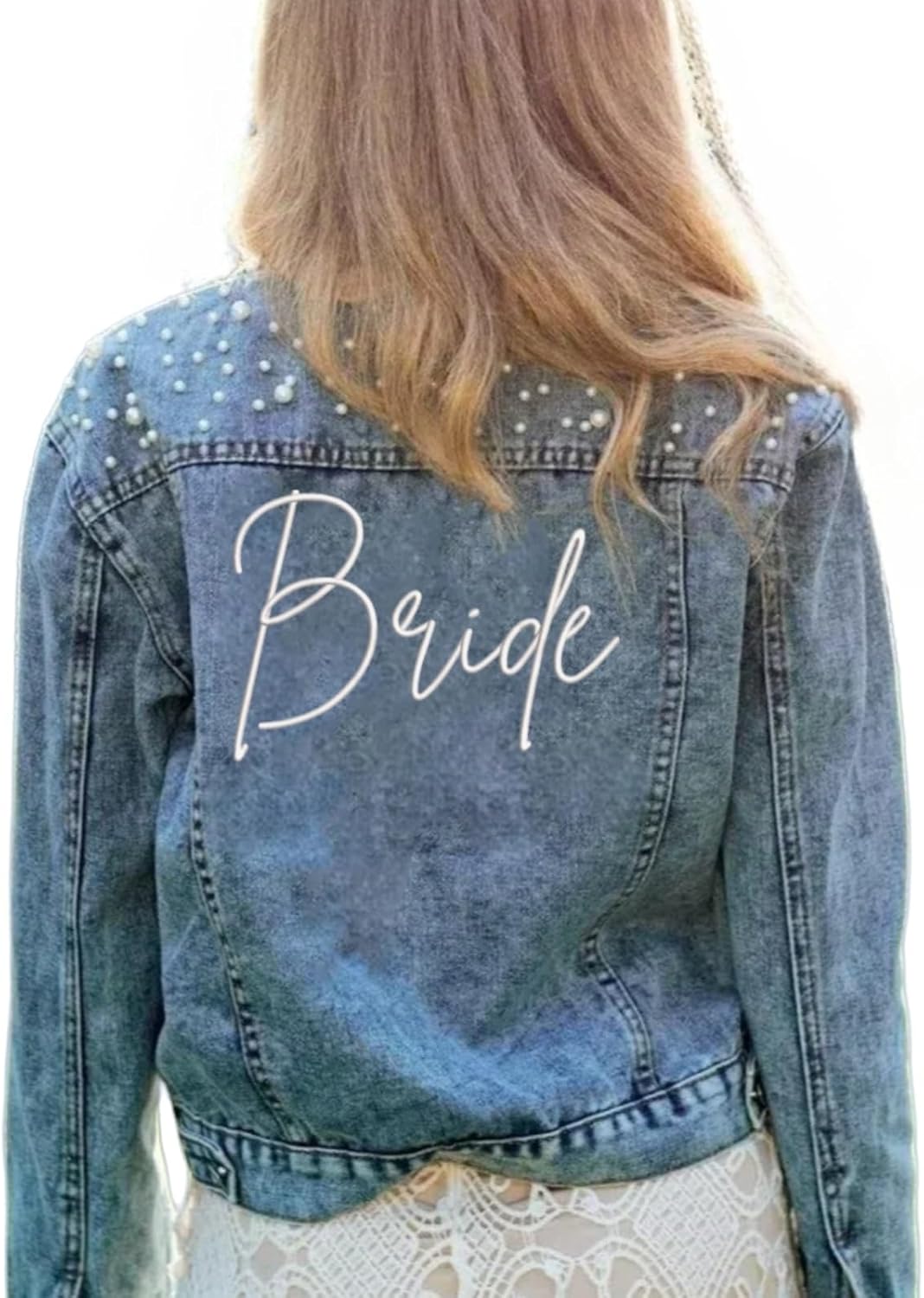 Embroidered Bridal Pearl Denim Jacket, Large Embroidery - Bride, Bachelorette Party Jacket, Wedding Gift