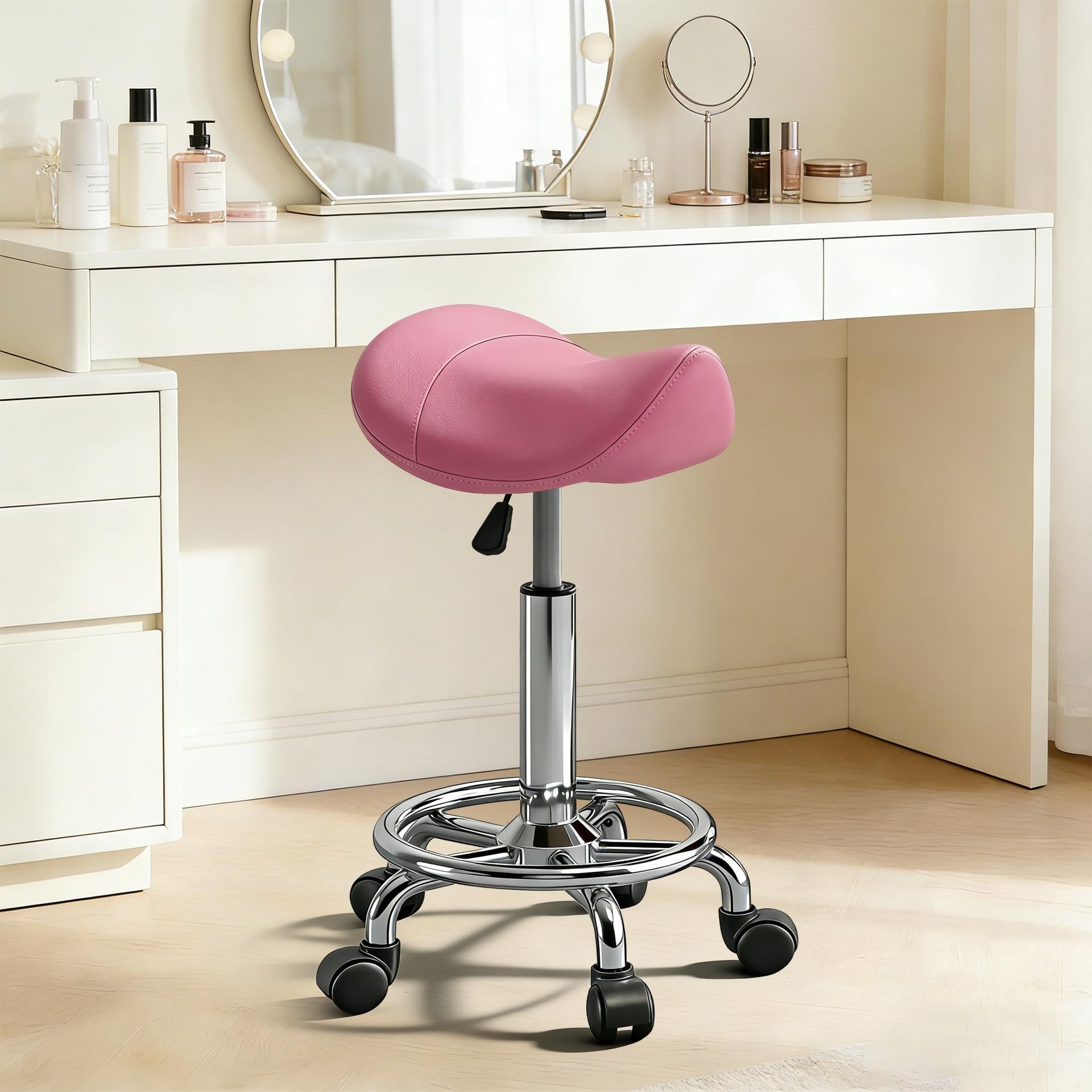 Saddle Stool with Ring Pedal, Adjustable Hydraulic Rolling Chair with Wheels for Medical, Massage, Salon, Spa, Kitchen, and Drafting Use