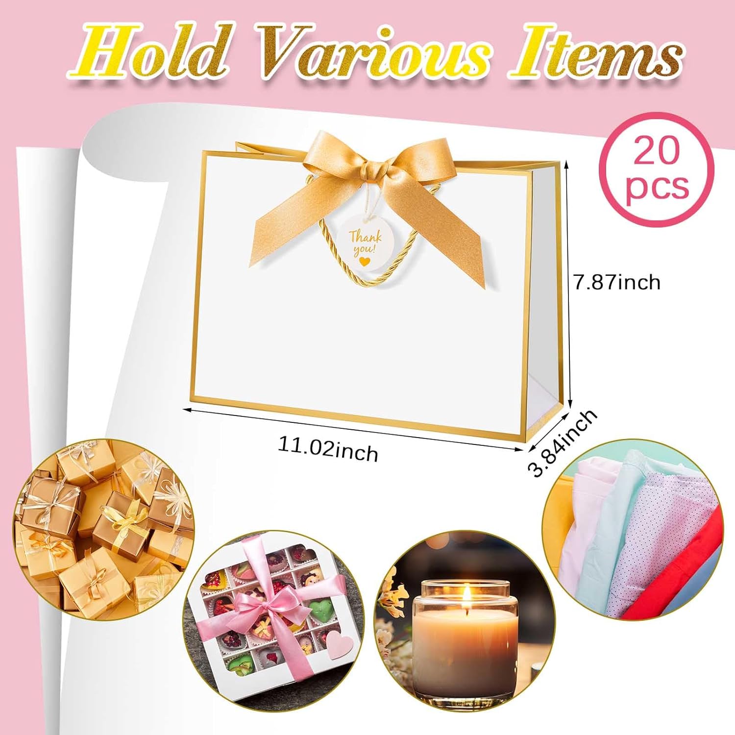 Locmeo 20 Sets Large Bow Ribbon Thank You Gift Bags Bulk with Handles 11 x 4 x 8 Inch Paper Gift Wrap Bags for Christmas Wedding Baby Shower Birthday Anniversary Holiday Party (Gold and White) - Image 2