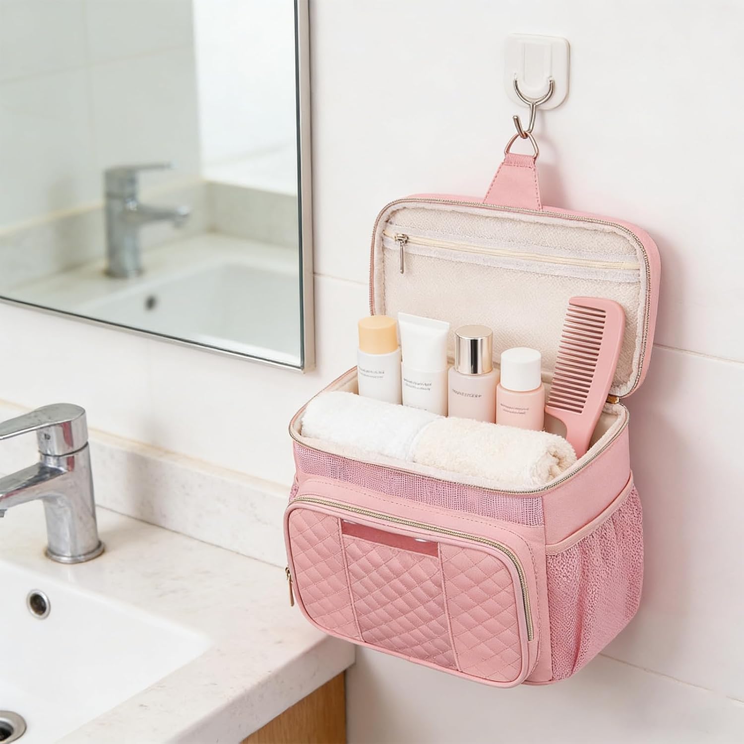 Reinforced Metal Hook Bathroom Storage Bag Multi Compartments Toiletry Organiser Christmas Birthday Presents Multi Pocket Bag image 3