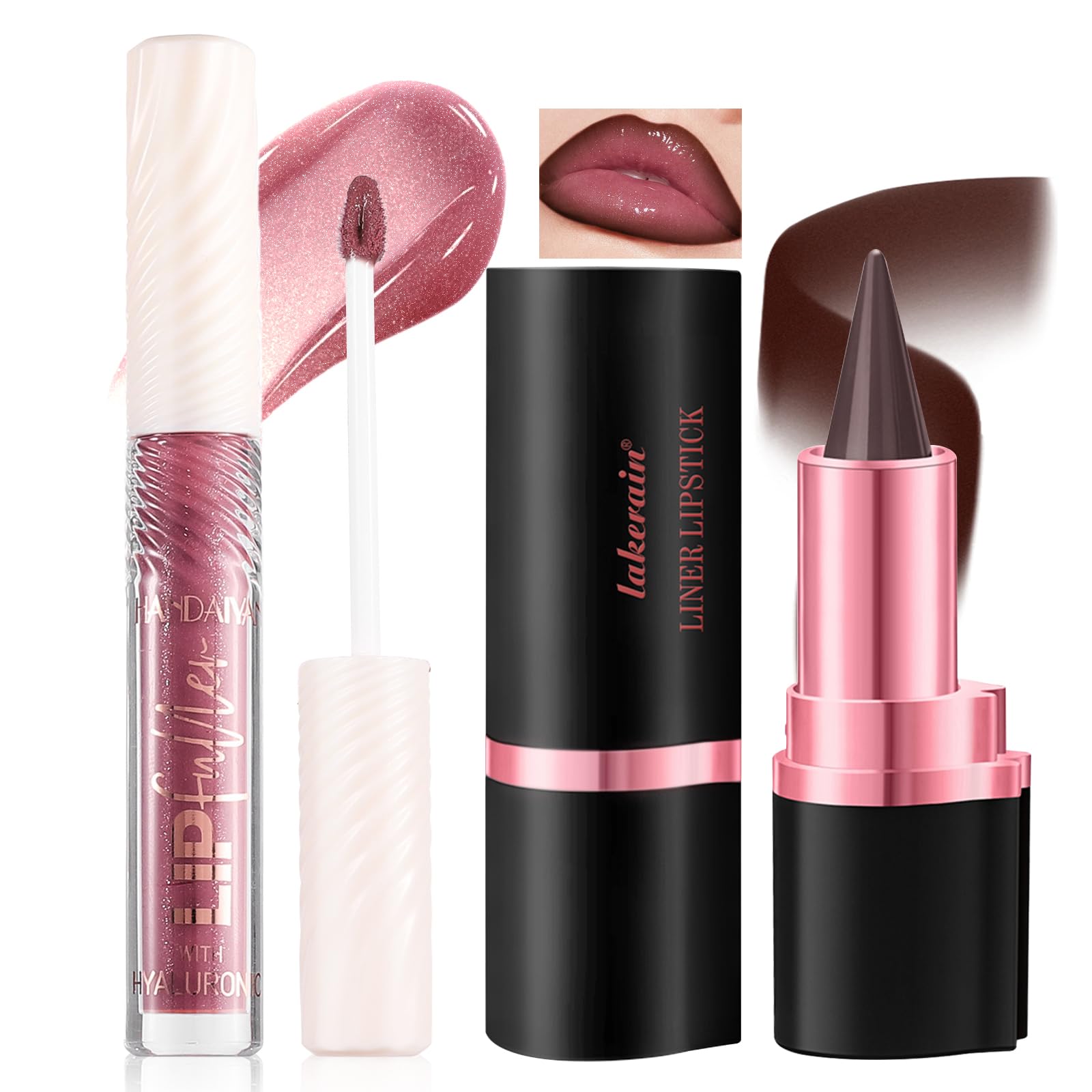 HOSAILY Gradient Lip Liner and Gloss Lip Combo Set, Long Lasting Dark Brown Matte Lipstick Crayon Lip Liner Pencil, Hydrating Plumping Shiny Nude