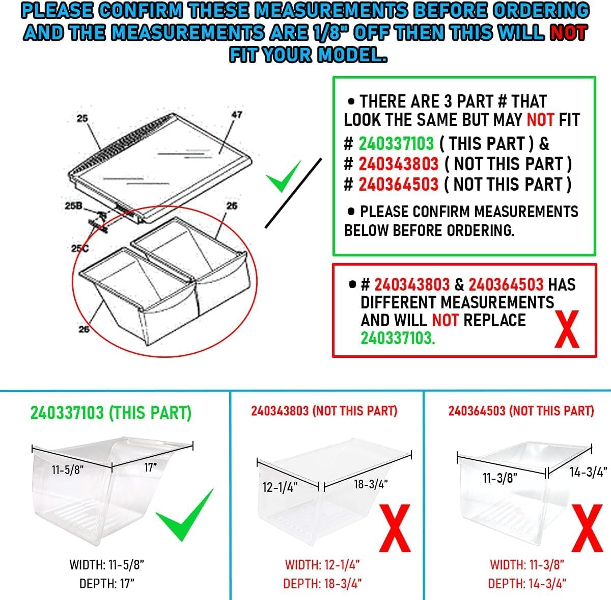 Lifetime Appliance UPGRADED 240337103 Crisper Bin Compatible with Frigidaire Refrigerator Shelf | Fridge Drawer | Refrigerator Parts - 240337100, AP2115741, 240323007