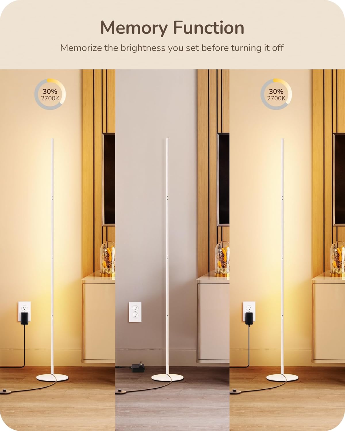 EDISHINE Corner LED Floor Lamp, 57.5" Dimmable Corner Light with Remote, 3 Color Temperature 3000K-4500K-6000K, Minimalist Floor Lamp for Bedroom, Living Room, Office, White