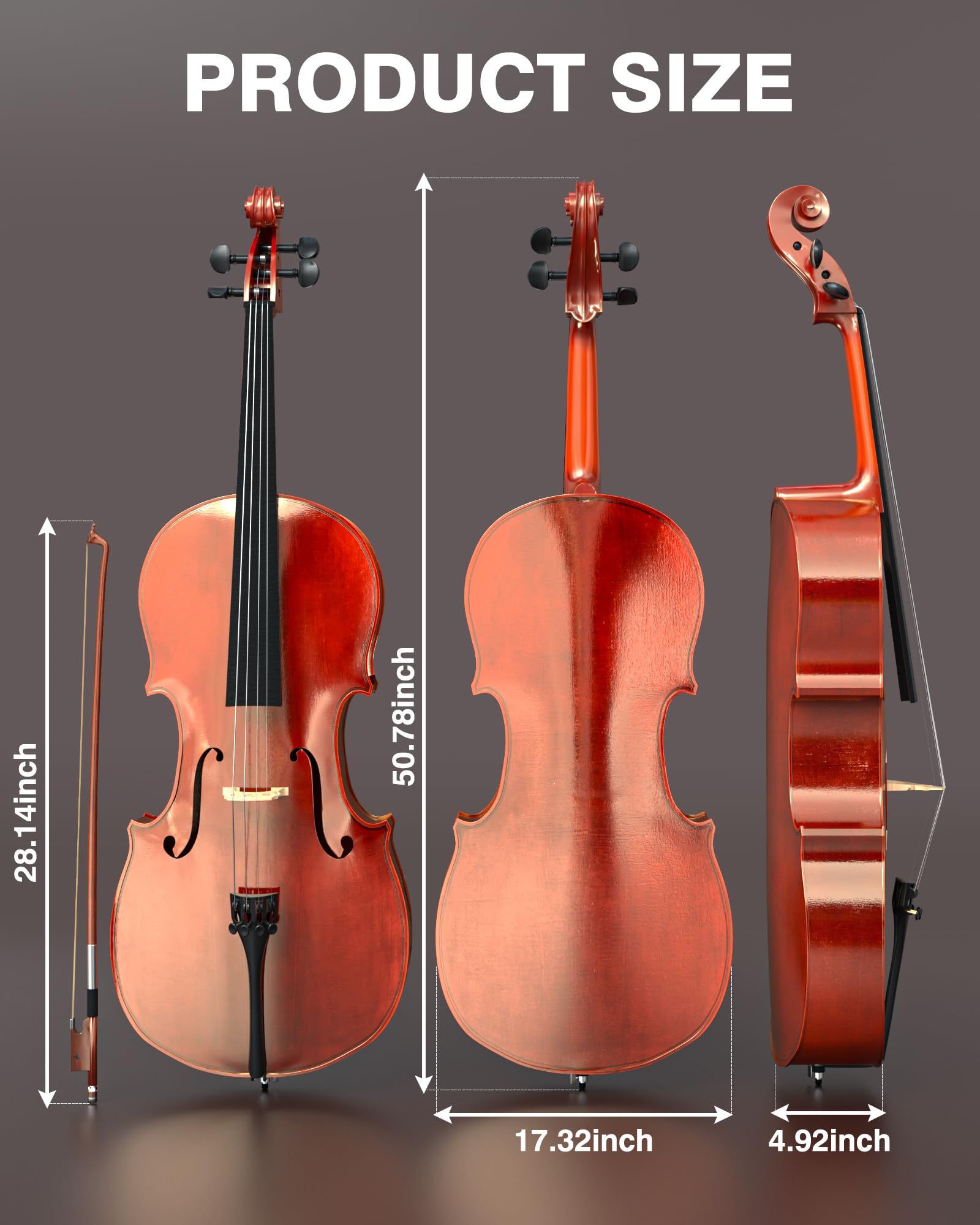 PYY Cello 4/4 Full Size - Solid Wood Acoustic Cello Package with Free Stand, Bag, Strings, Tuner, Rosin and Bow, Cello 4/4 Strings Set for Students & Adult Beginner Instruments - Image 6