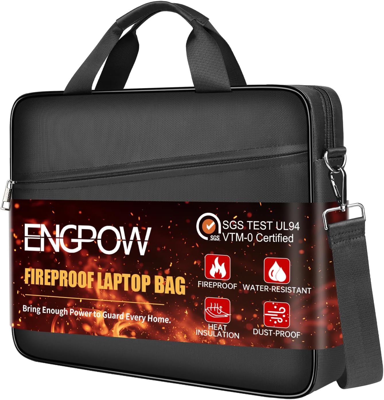 ENGPOW Laptop Bag, Fireproof 15.6 inch Messenger Bag Safe Storage for Laptop or Tablet, Computer Bag Carrying Case with Shoulder Strap＆Handle, Dual Zipper, Mesh Pockets for Home Office Travel, Black | Fireproof, Laptop Safe